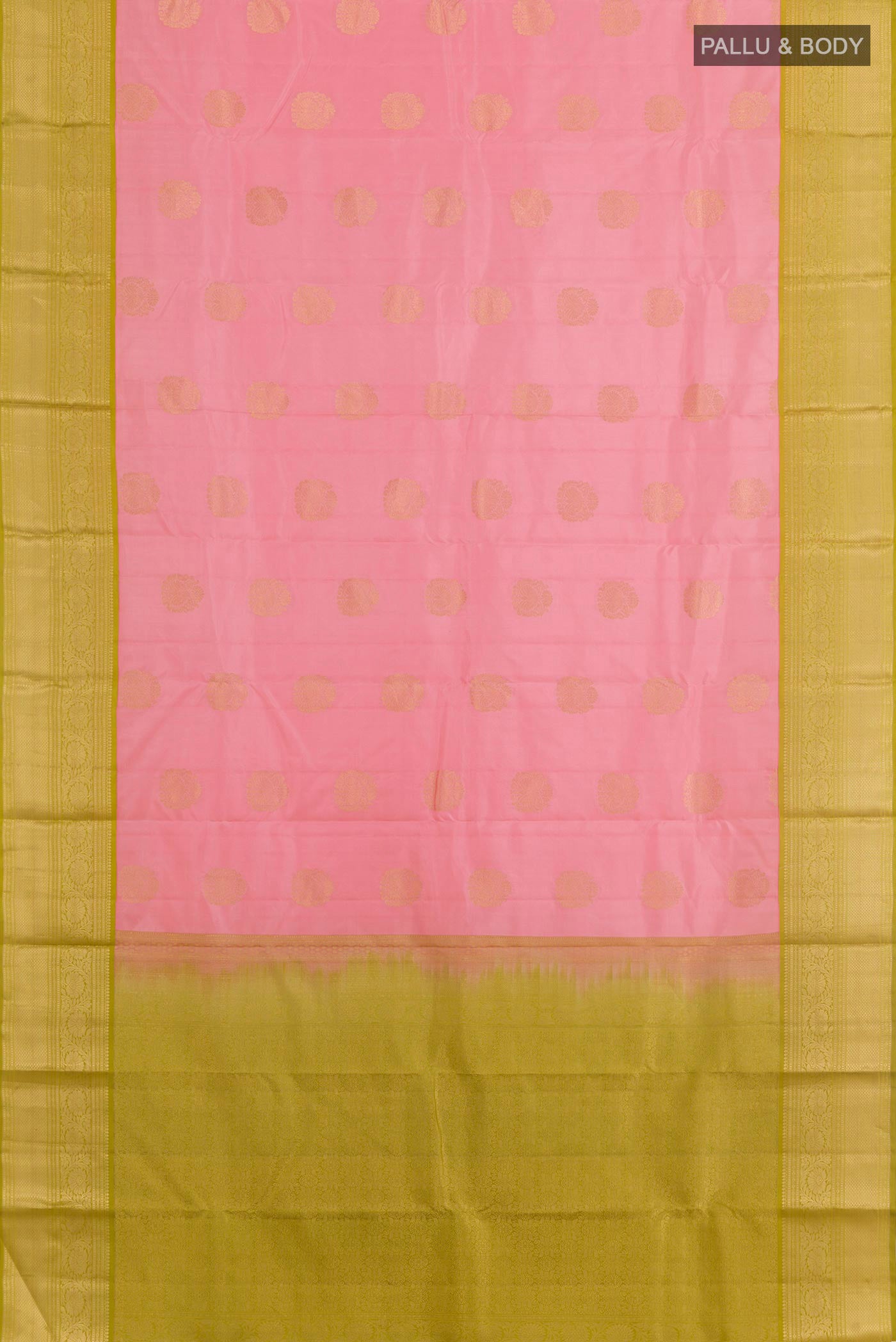 Flat view of Pink Kanjivaram Silk Saree with Zari Butta on the body and Zari Border. 