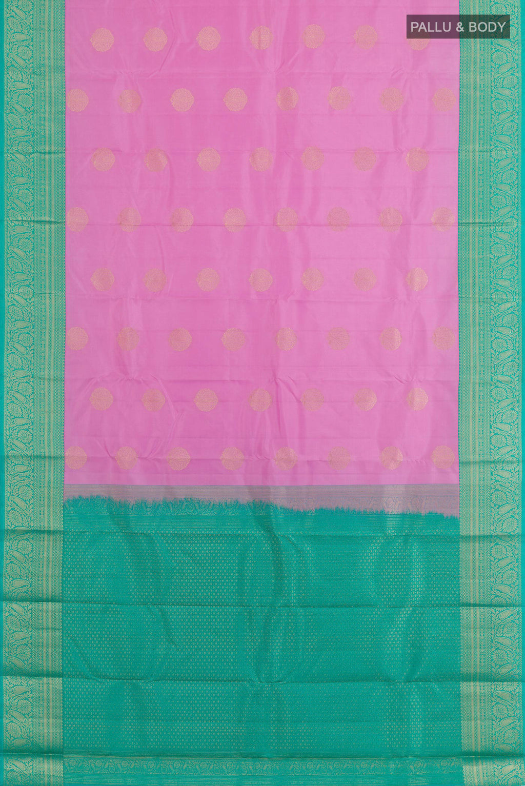 Flat view of Pink Kanjivaram Silk Saree with Zari Butta on the body and Zari Border. 
