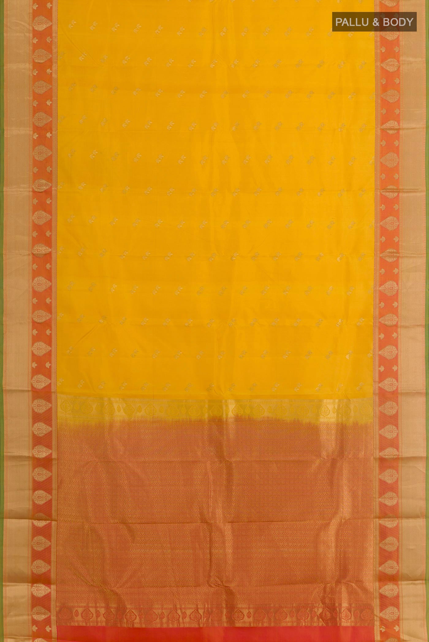 Flat view of Yellow Kanjivaram Silk Saree with Zari Butta on the body and Zari Border. 