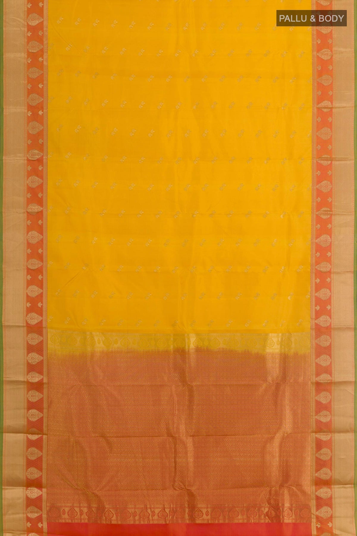 Flat view of Yellow Kanjivaram Silk Saree with Zari Butta on the body and Zari Border. 