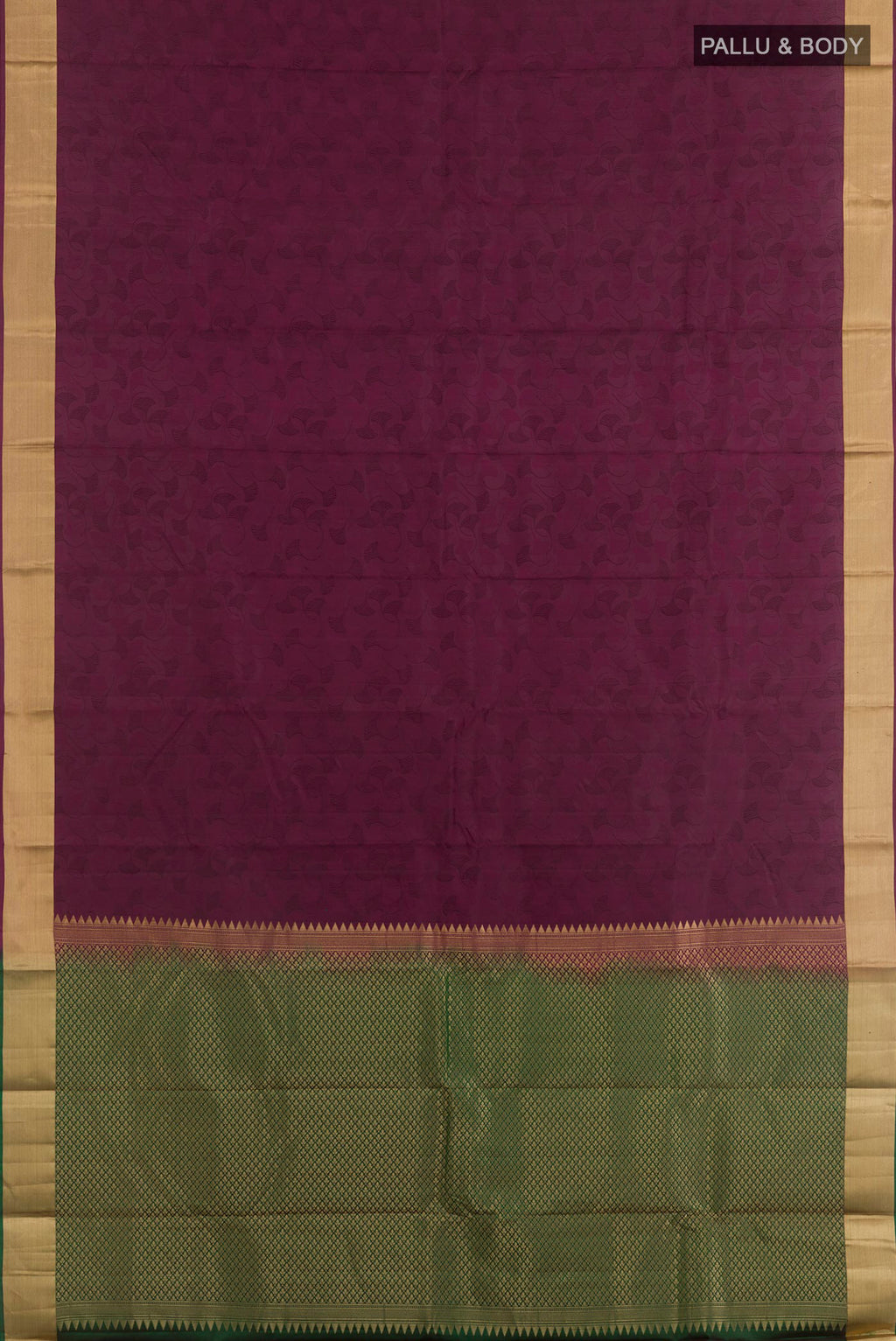 Flat view of Purple Kanchipuram Silk Saree with Jacquard design on the body and Zari Border. 