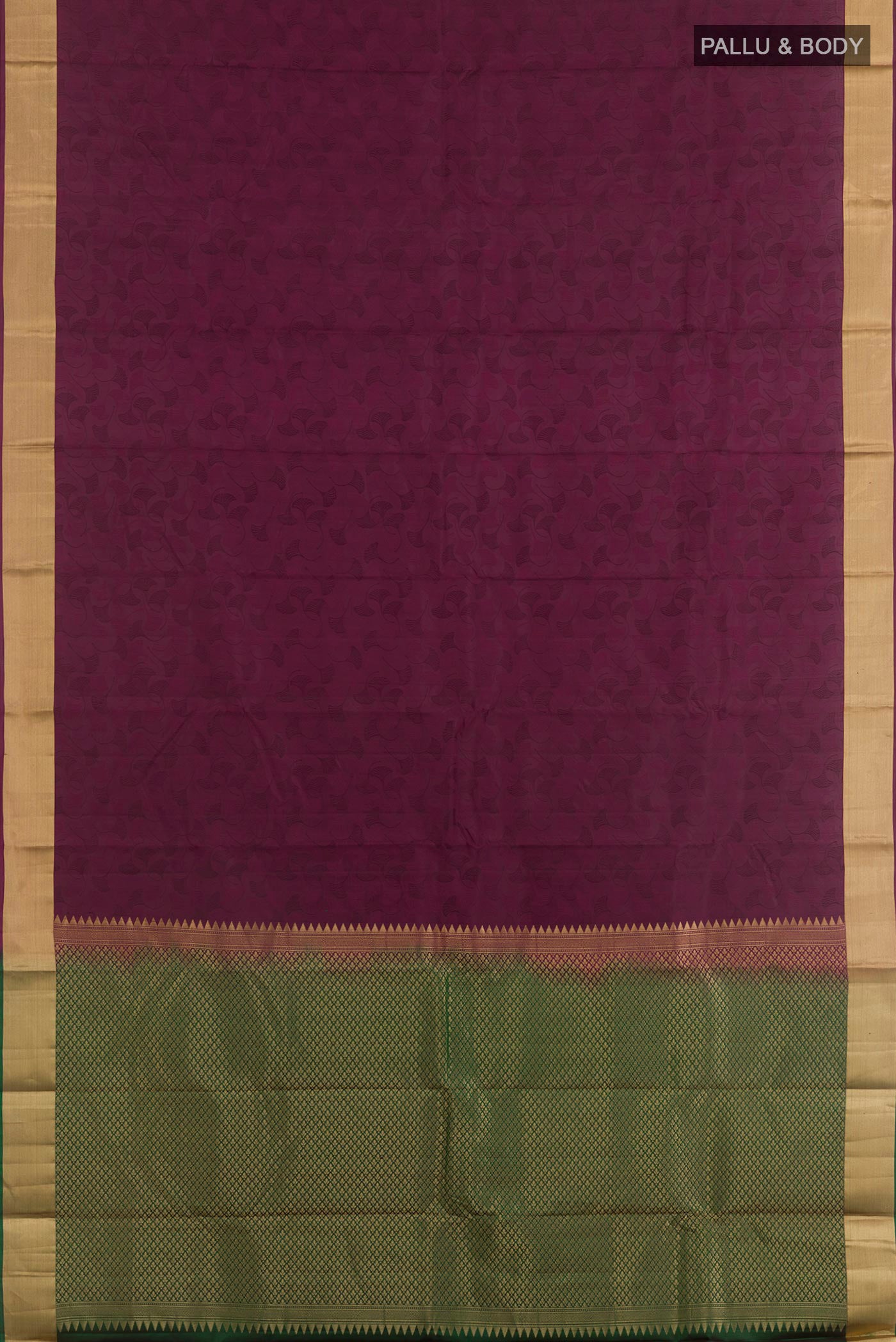 Flat view of Purple Kanchipuram Silk Saree with Jacquard design on the body and Zari Border. 