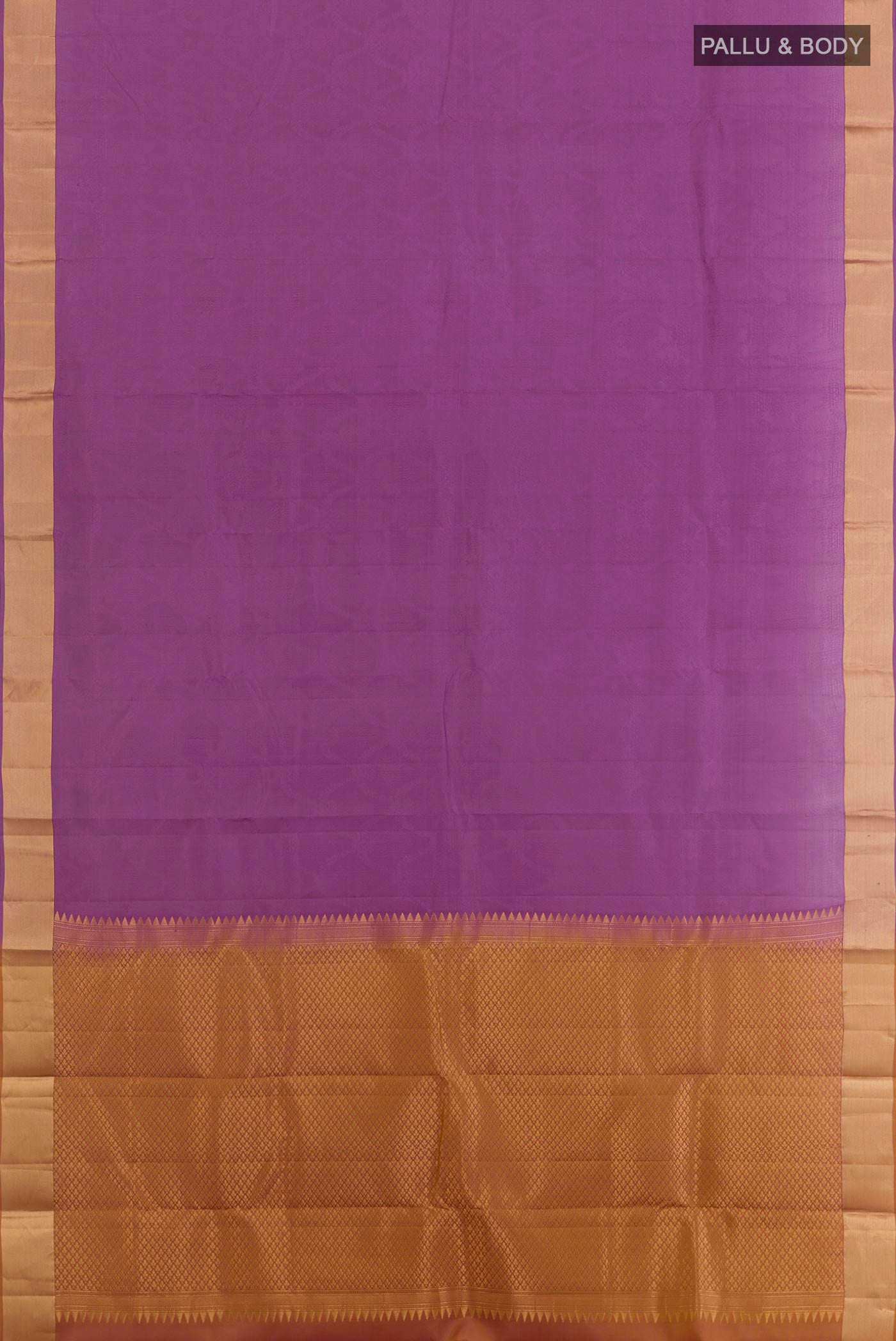 Flat view of Purple Kanchipuram Silk Saree with Jacquard design on the body and Zari Border. 