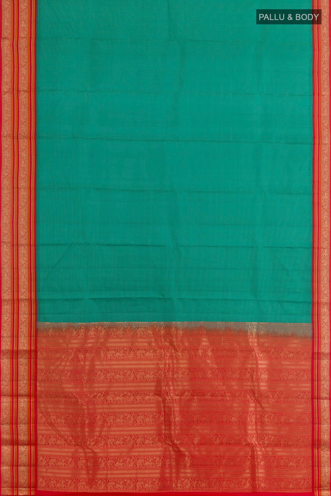 Flat view of Sea Green Kanjivaram Silk Saree with Stripes on the body and Zari Border. 