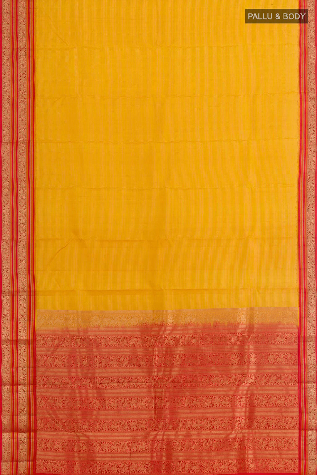 Flat view of Yellow Kanjivaram Silk Saree with Stripes on the body and Zari Border. 