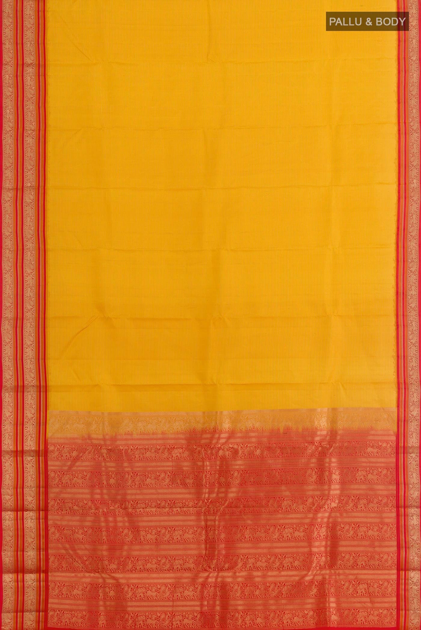 Flat view of Yellow Kanjivaram Silk Saree with Stripes on the body and Zari Border. 