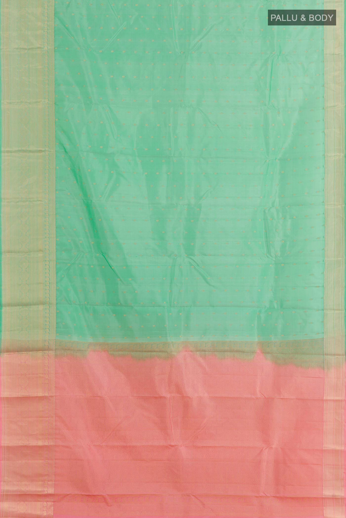 Flat view of Sea Green Kanchipuram Silk Saree with Zari Butta on the body and Zari Border. 