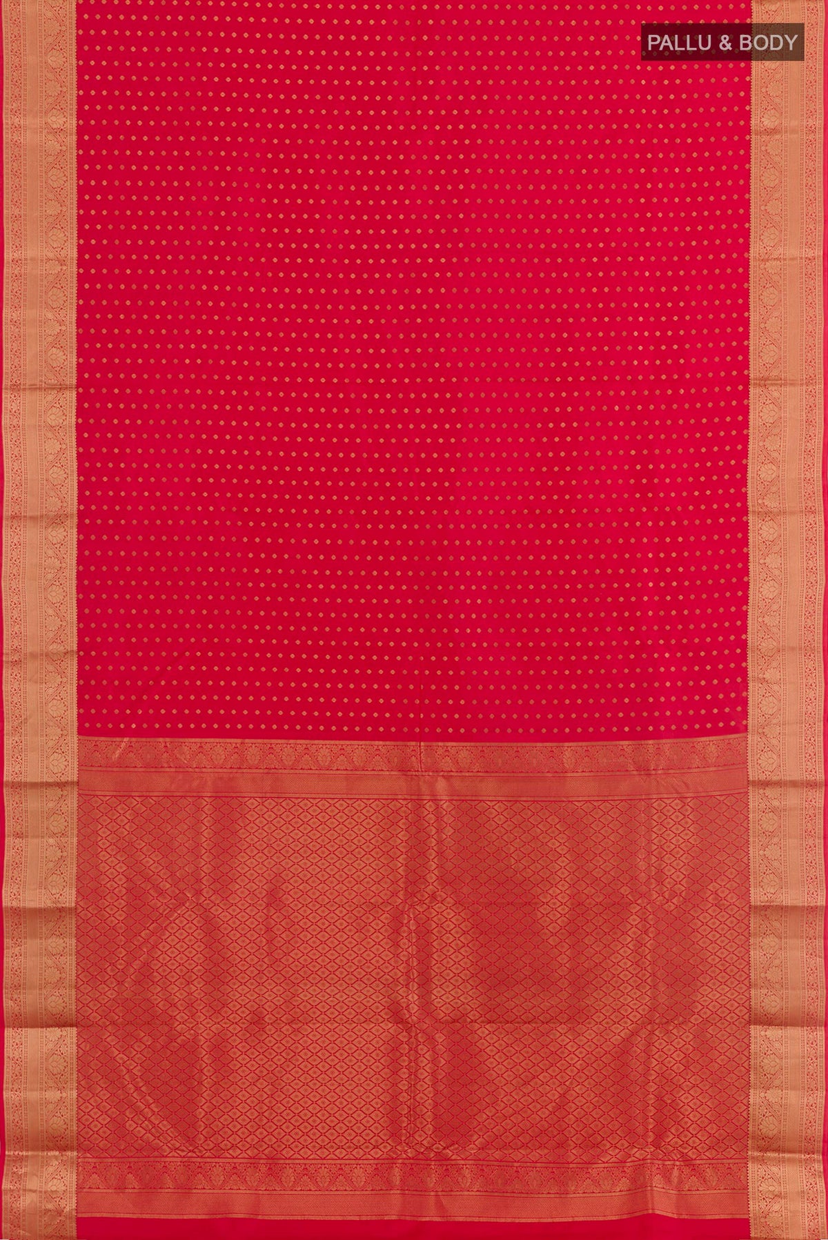 Flat view of Red Kanchipuram Silk Saree with Zari Butta on the body and Zari Border. 