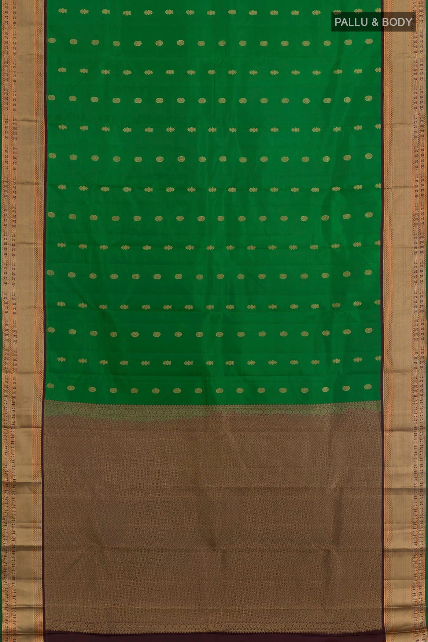 Flat view of Green Kanjivaram Silk Saree with Zari Brocade on the body and Zari Border. 