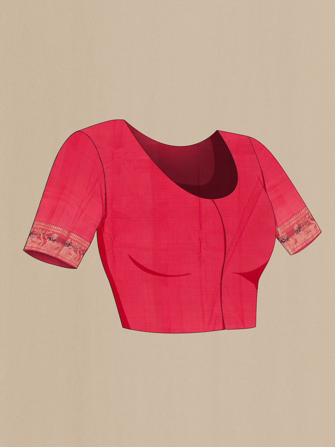 Close up image of the blouse of Pink Baluchari Silk Saree with Zari Butta on the body and Zari Border. 