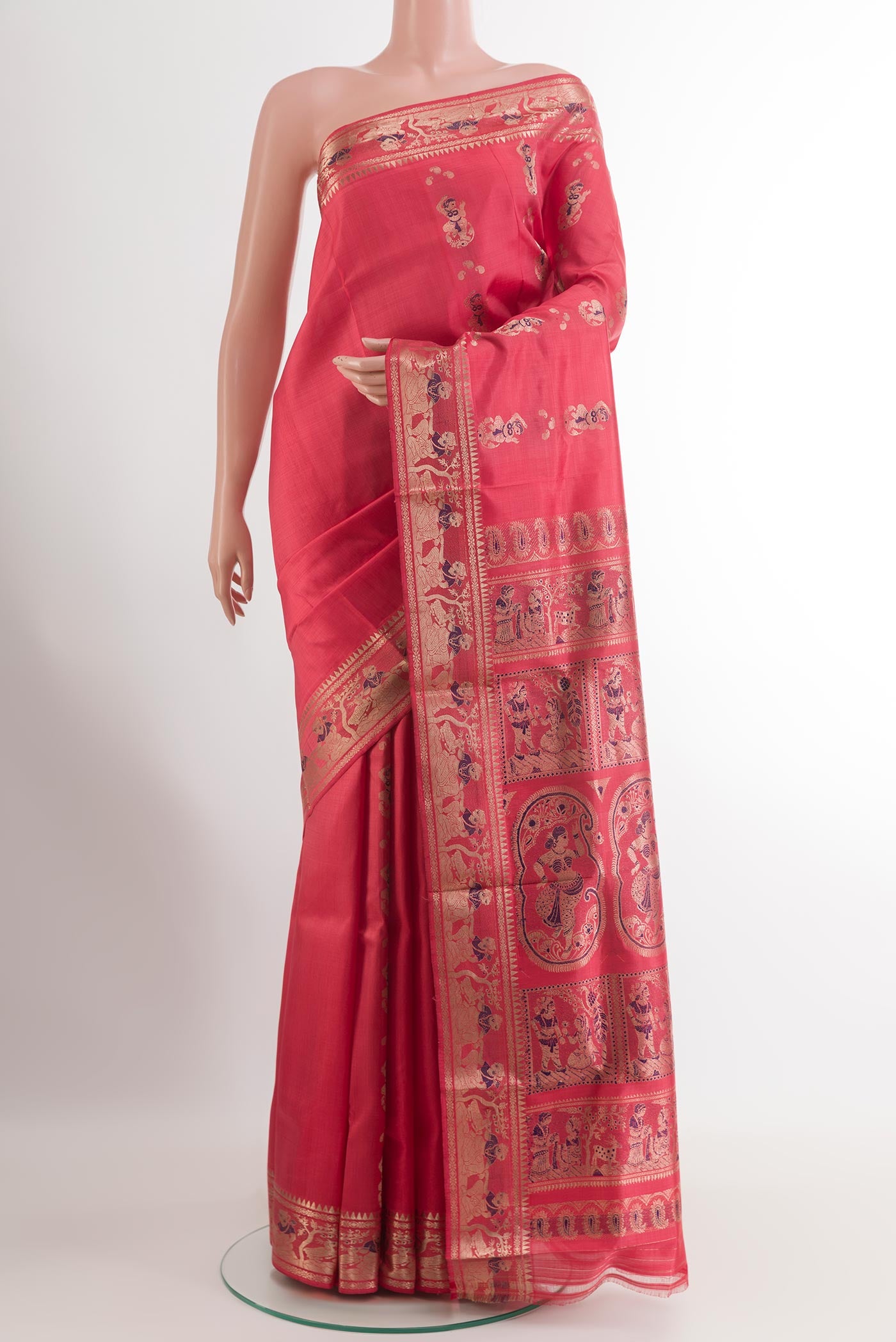 Pink Baluchari Silk Saree with Zari Butta on the body and Zari Border.  displayed on a mannequin