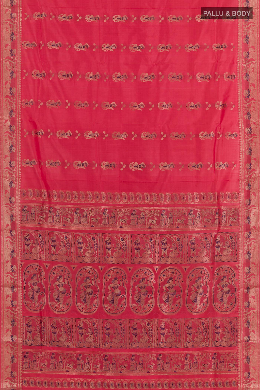 Flat view of Pink Baluchari Silk Saree with Zari Butta on the body and Zari Border. 