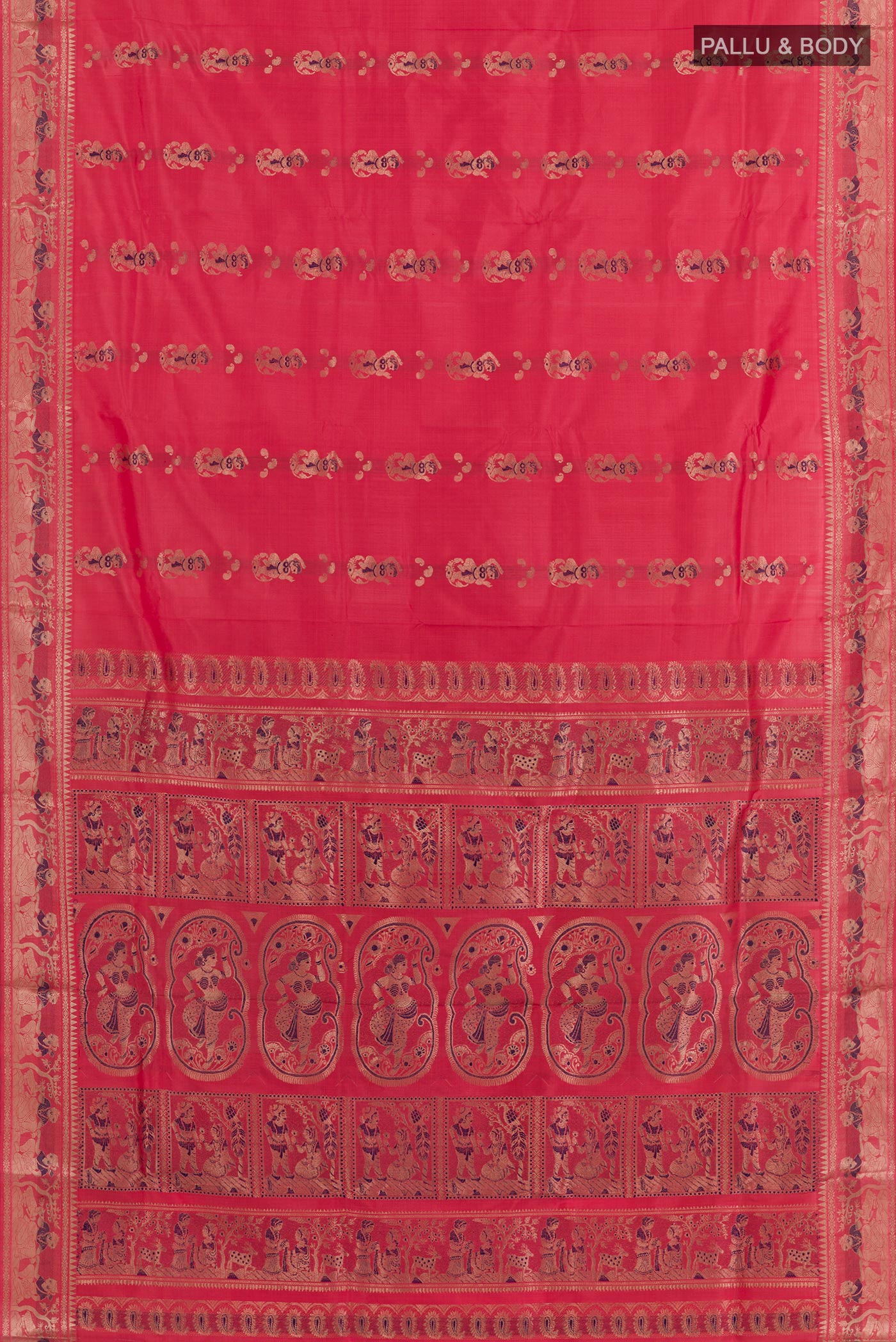 Flat view of Pink Baluchari Silk Saree with Zari Butta on the body and Zari Border. 