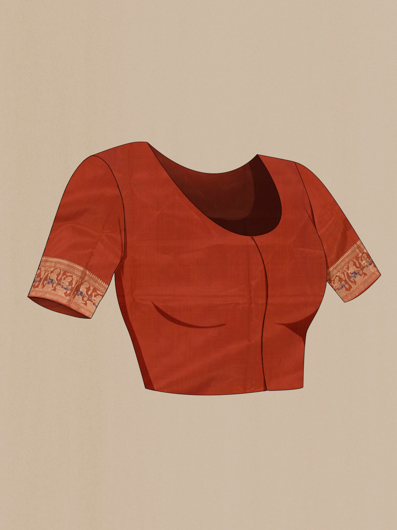 Close up image of the blouse of Brick Orange Baluchari Silk Saree with Zari Butta on the body and Zari Border. 