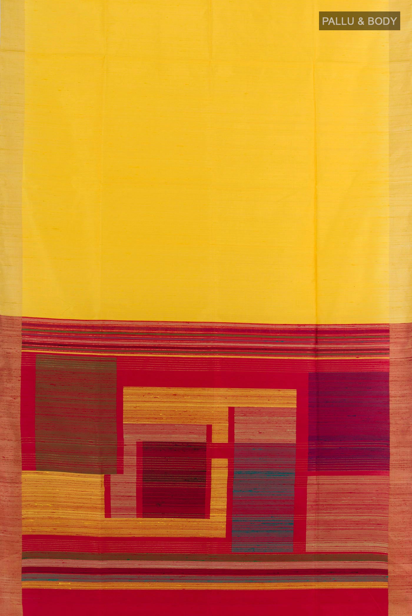 Flat view of Yellow Raw Silk Saree with Plain Body and Zari Border. 