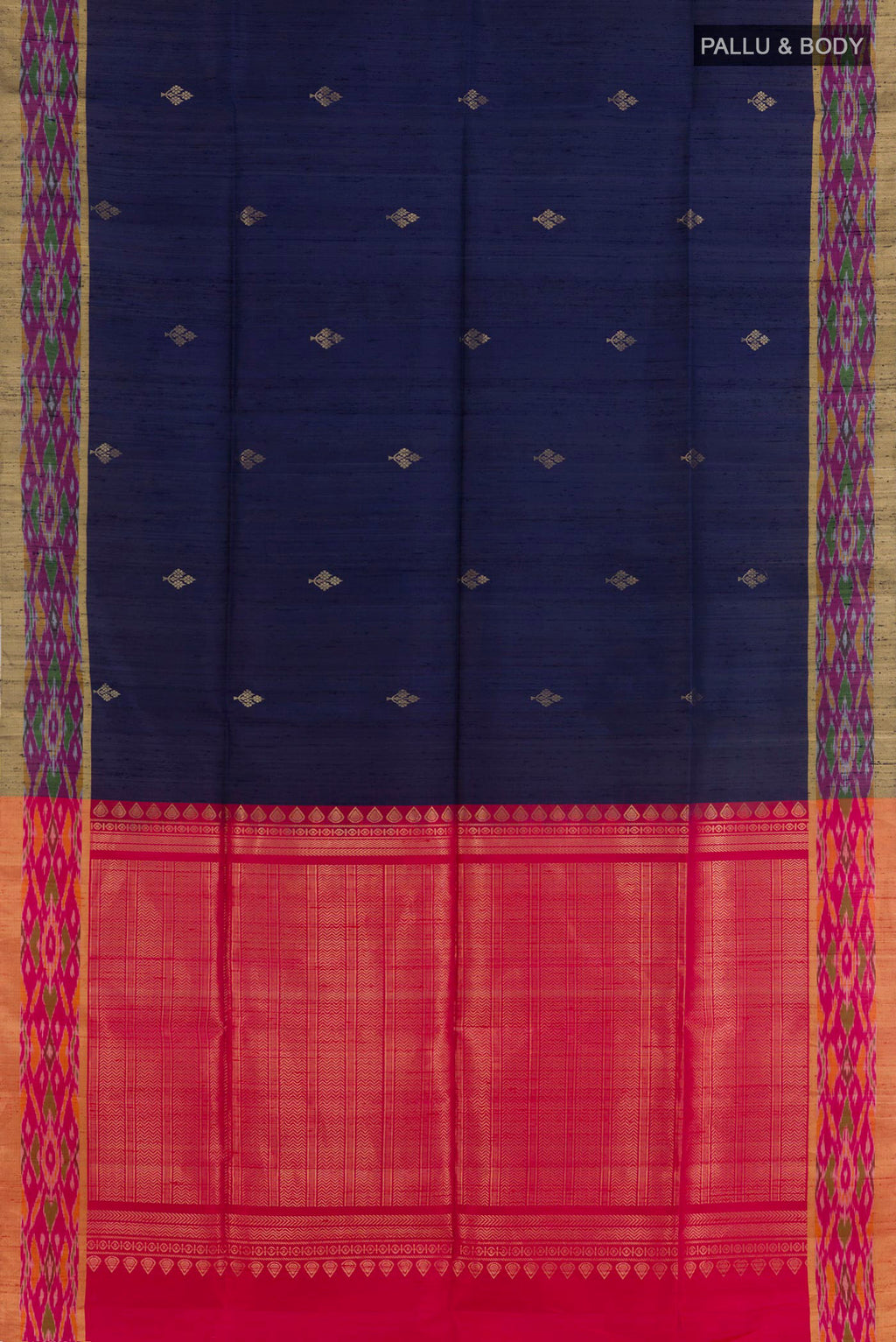 Flat view of Blue Raw Silk Saree with Zari Butta on the body and Zari Border. 