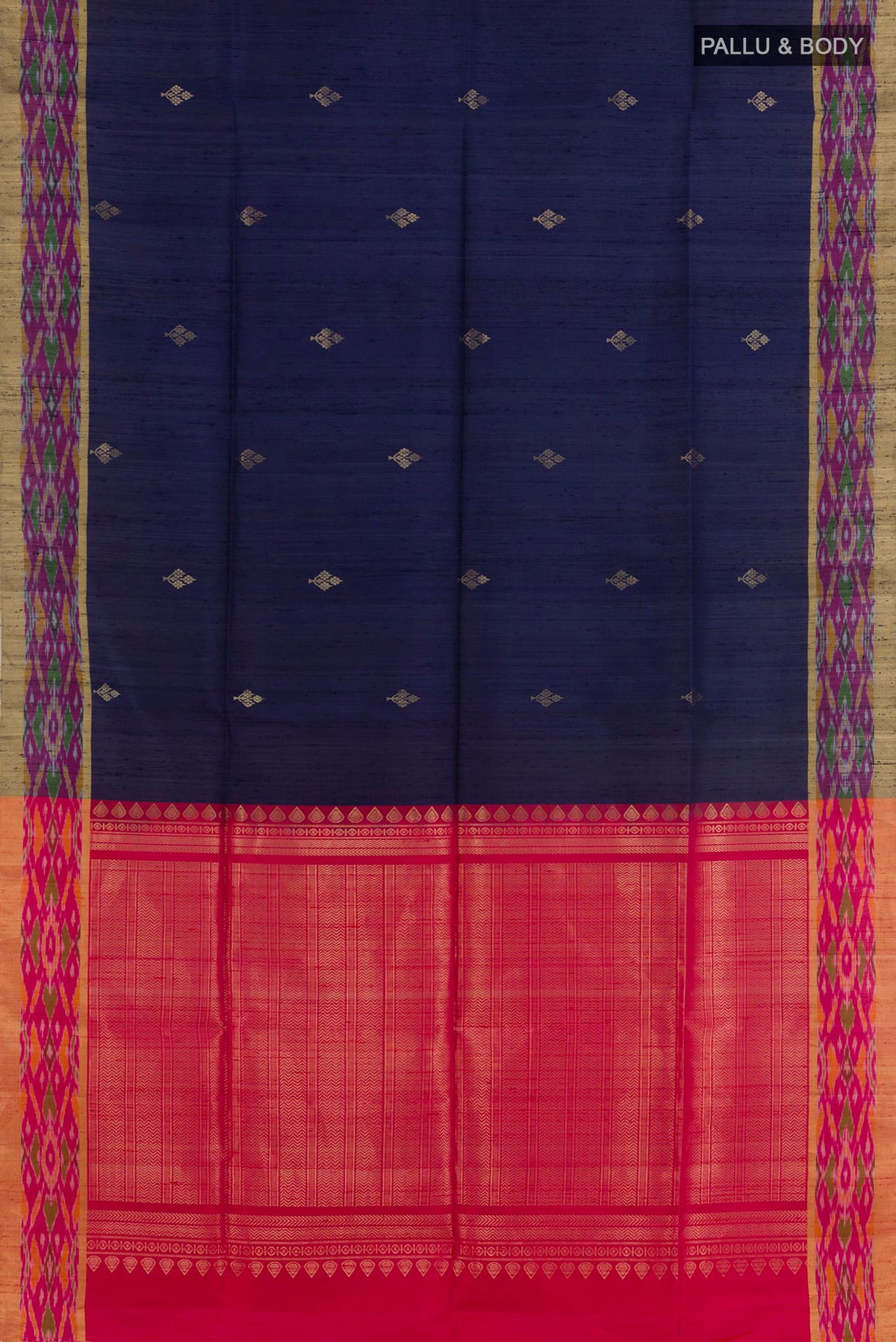 Flat view of Blue Raw Silk Saree with Zari Butta on the body and Zari Border. 