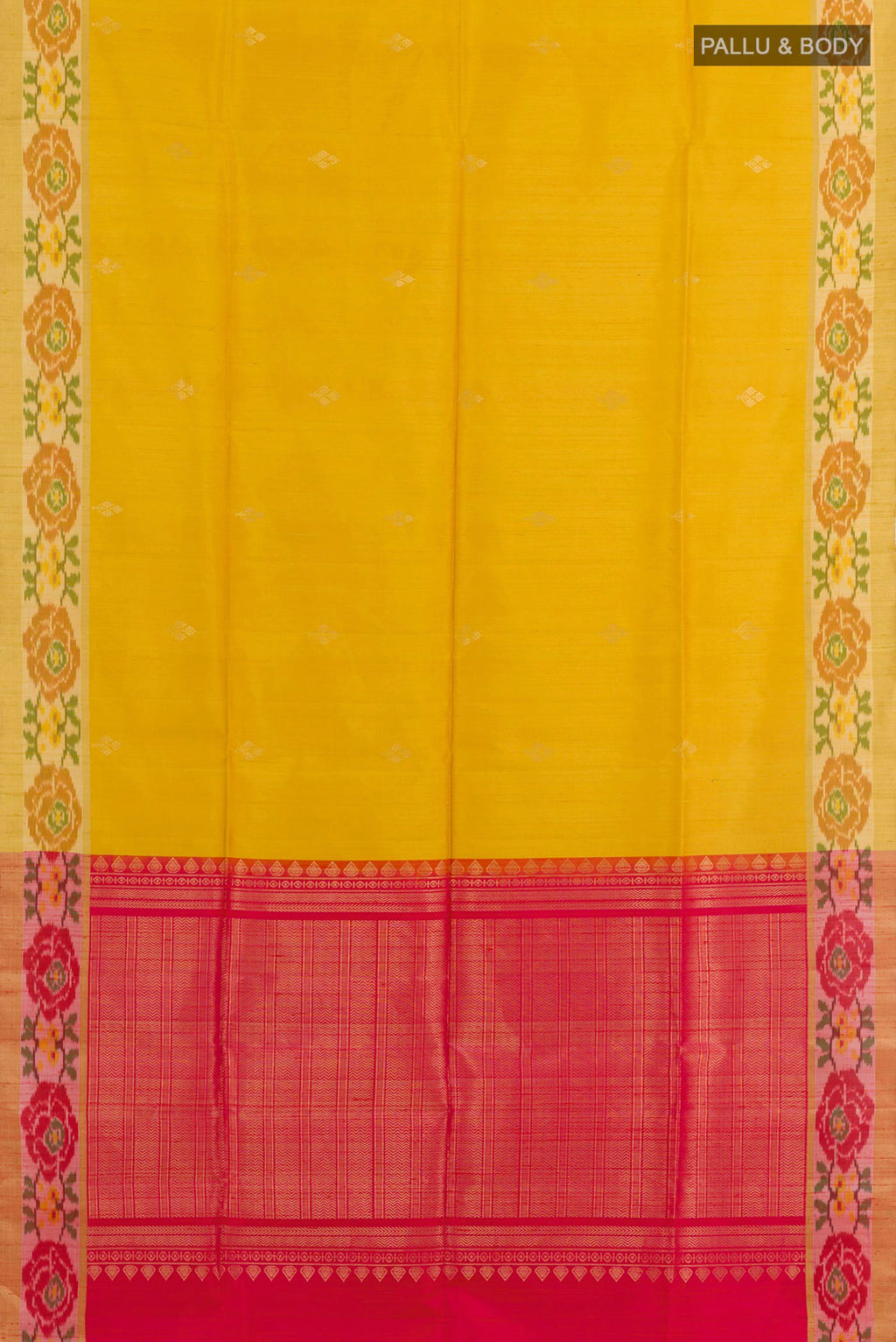 Flat view of Yellow Raw Silk Saree with Zari Butta on the body and Zari Border. 