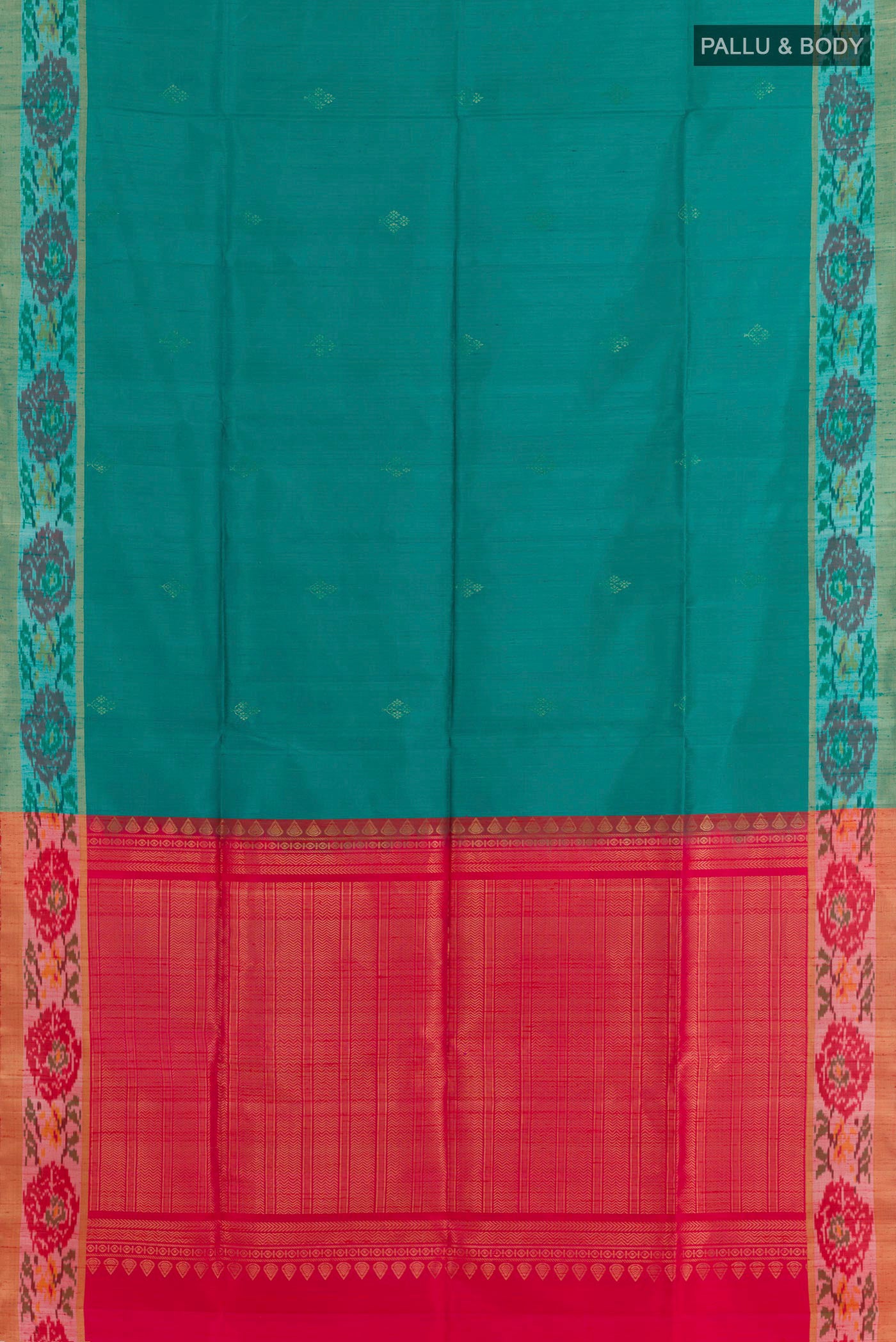 Flat view of Blue Raw Silk Saree with Zari Butta on the body and Zari Border. 