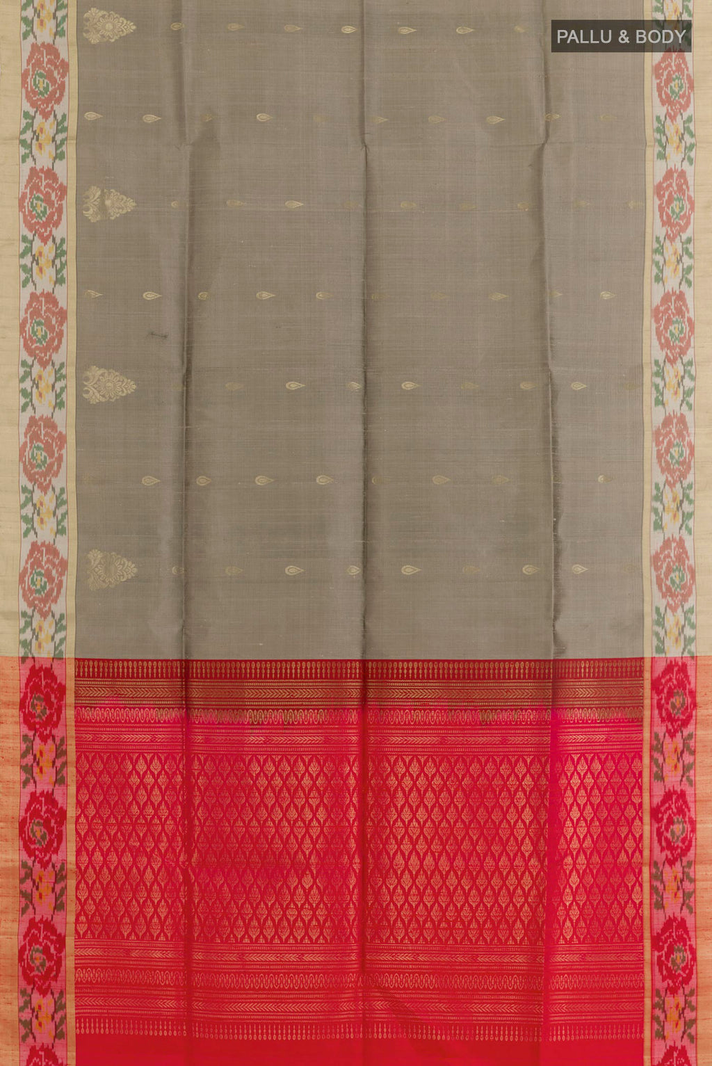 Flat view of Grey Soft Silk Saree with Zari Butta on the body and Zari Border. 