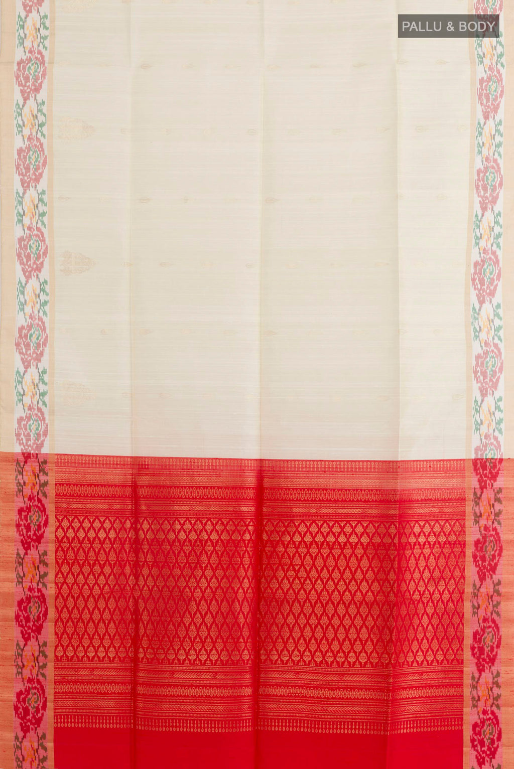 Flat view of Off White Soft Silk Saree with Zari Butta on the body and Zari Border. 