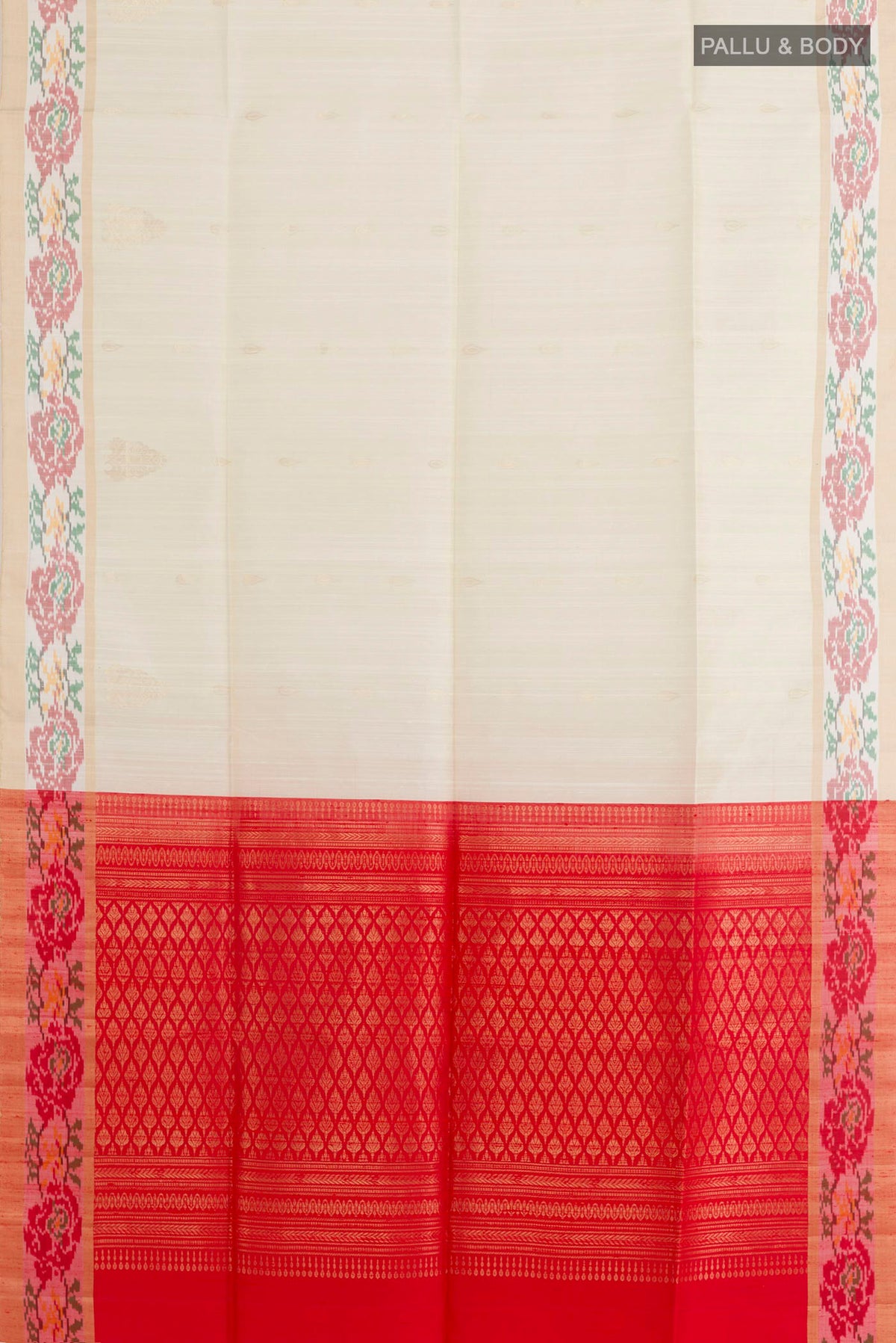 Flat view of Off White Soft Silk Saree with Zari Butta on the body and Zari Border. 