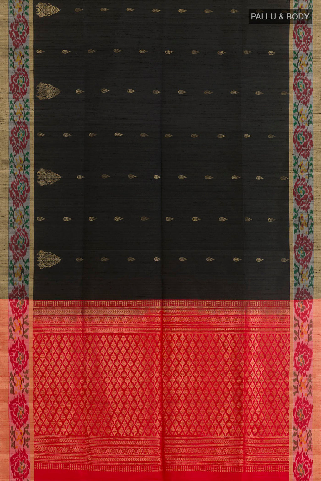 Flat view of Black Soft Silk Saree with Zari Butta on the body and Zari Border. 