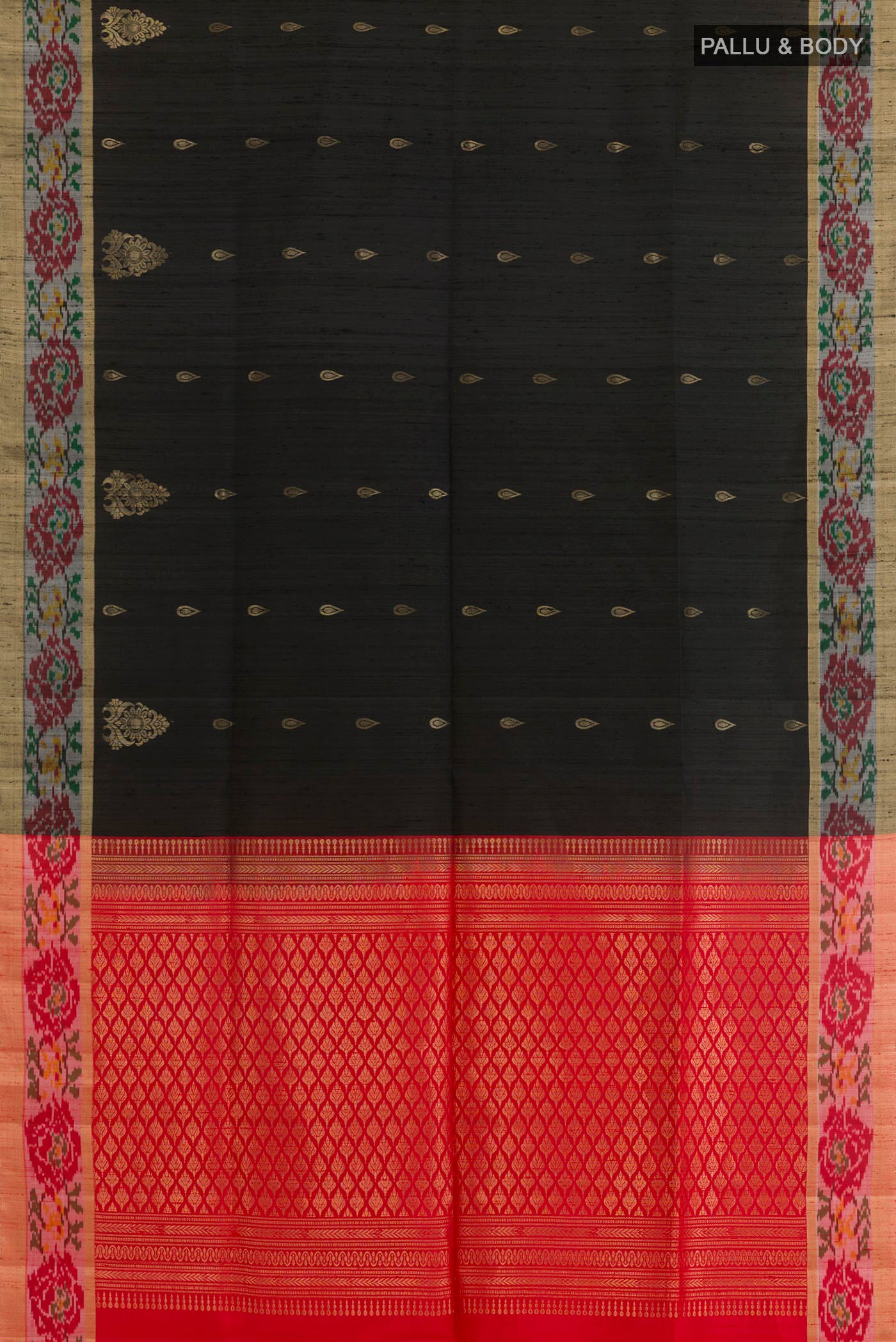 Flat view of Black Soft Silk Saree with Zari Butta on the body and Zari Border. 