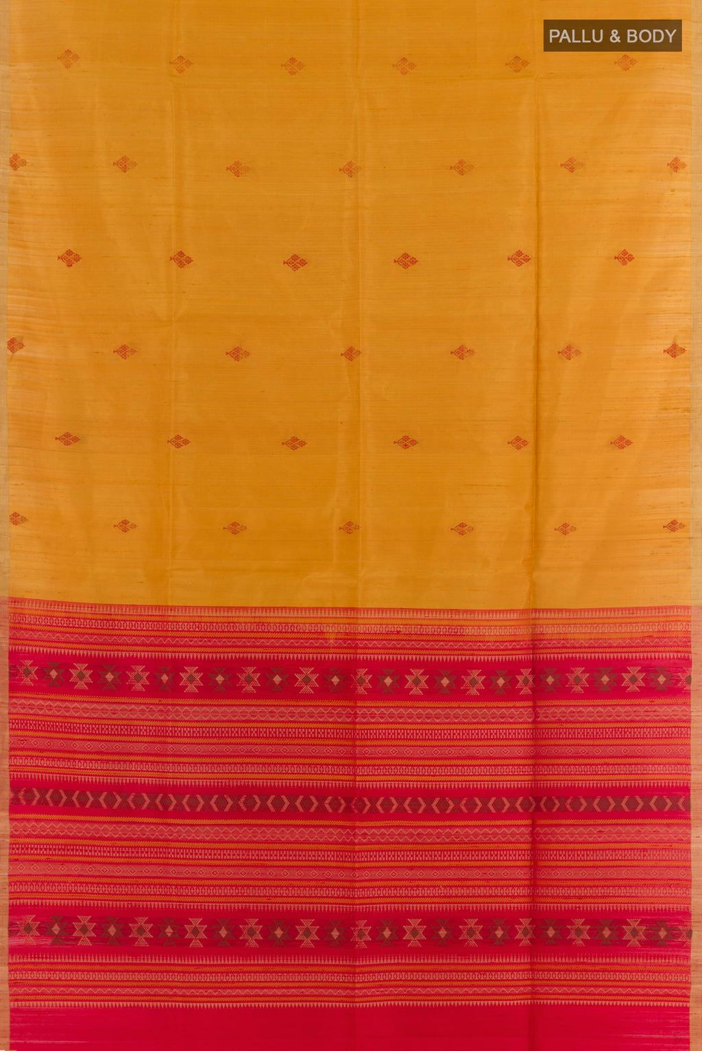 Flat view of Yellow Raw Silk Saree with Thread Butta on the body and Zari Border. 