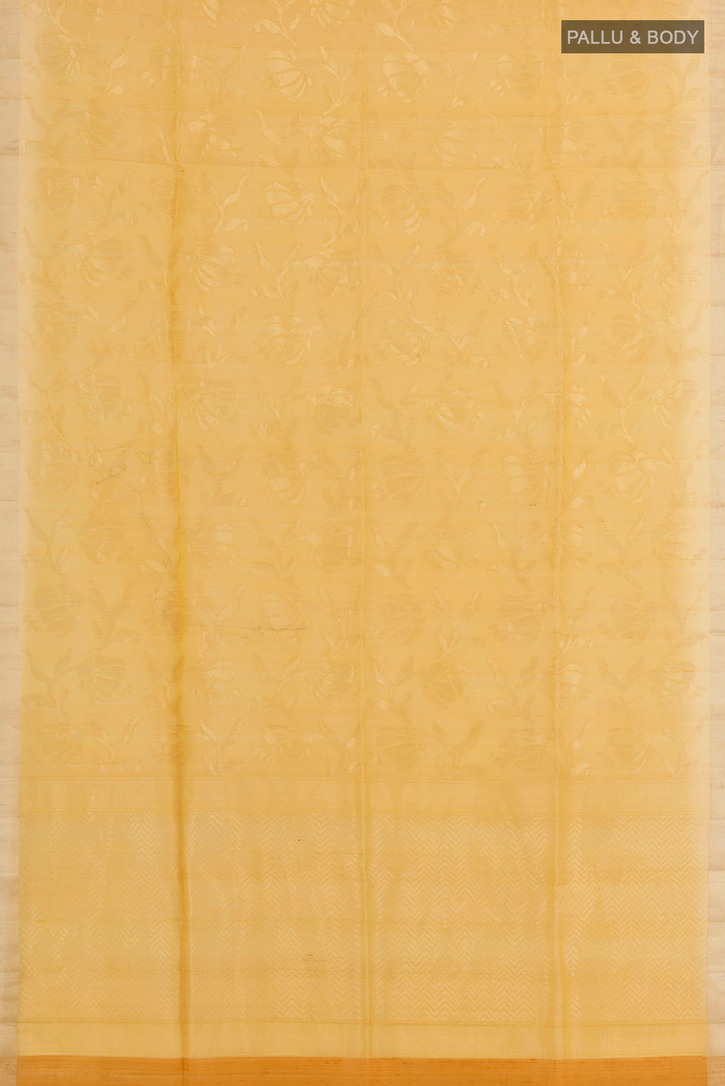 Flat view of Yellow Raw Silk Saree with Plain Body and Zari Border. 