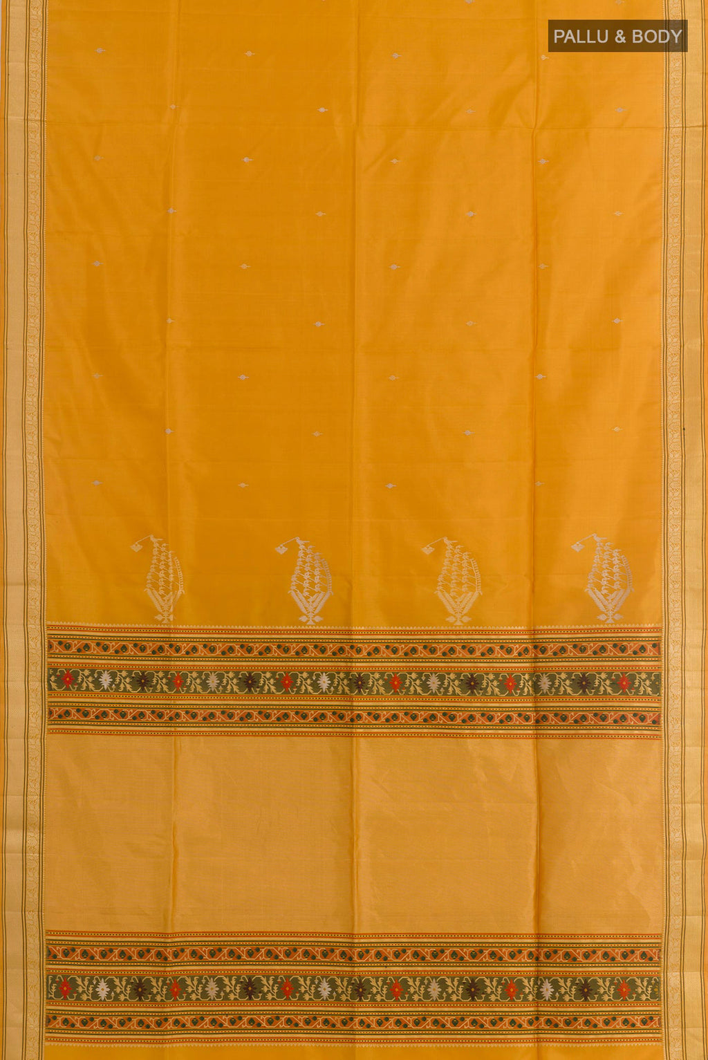 Flat view of Yellow Soft Silk Saree with Zari Butta on the body and Zari Border. 