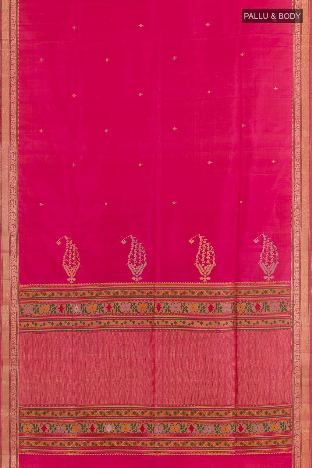 Flat view of Pink Soft Silk Saree with Zari Butta on the body and Zari Border. 