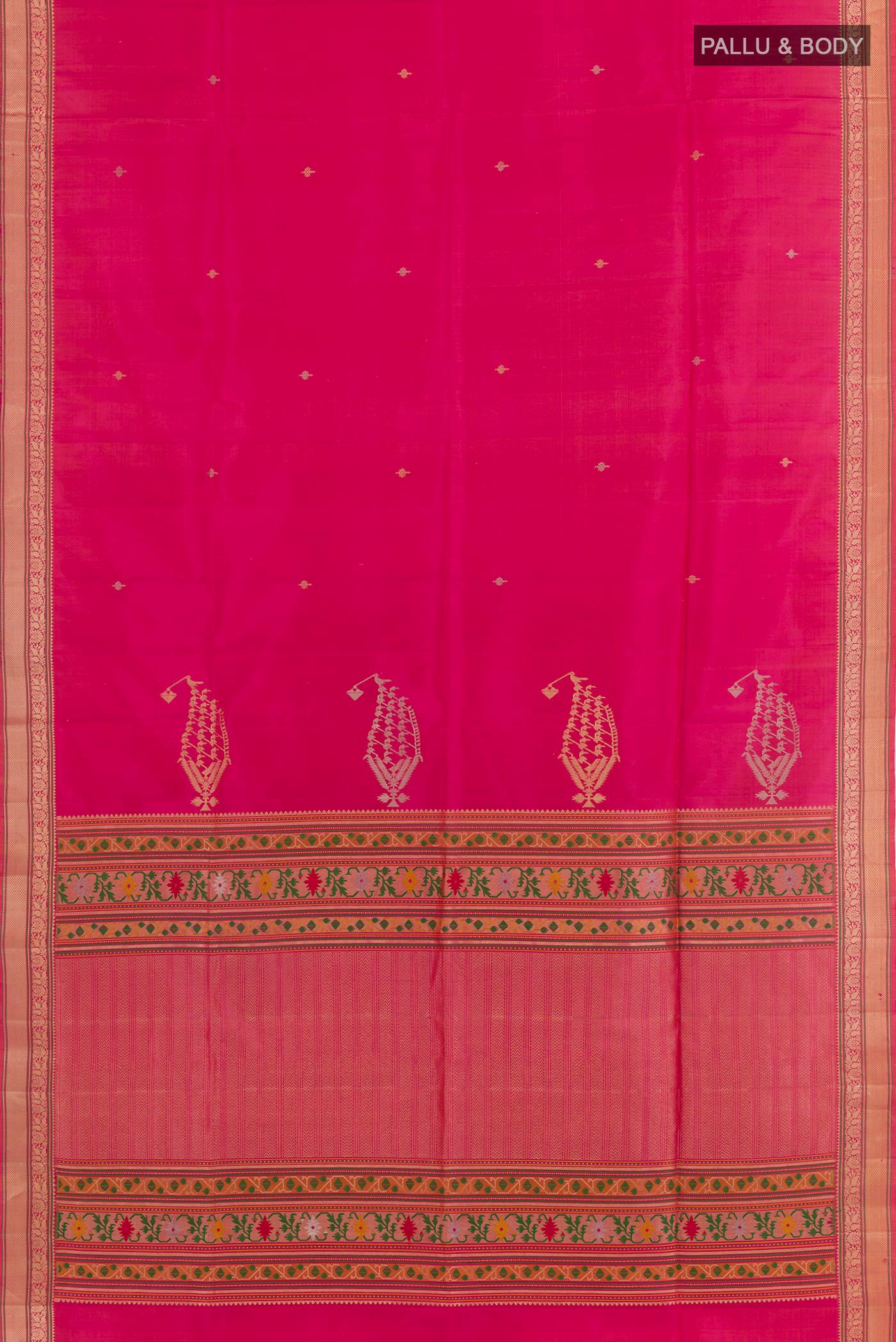 Flat view of Pink Soft Silk Saree with Zari Butta on the body and Zari Border. 