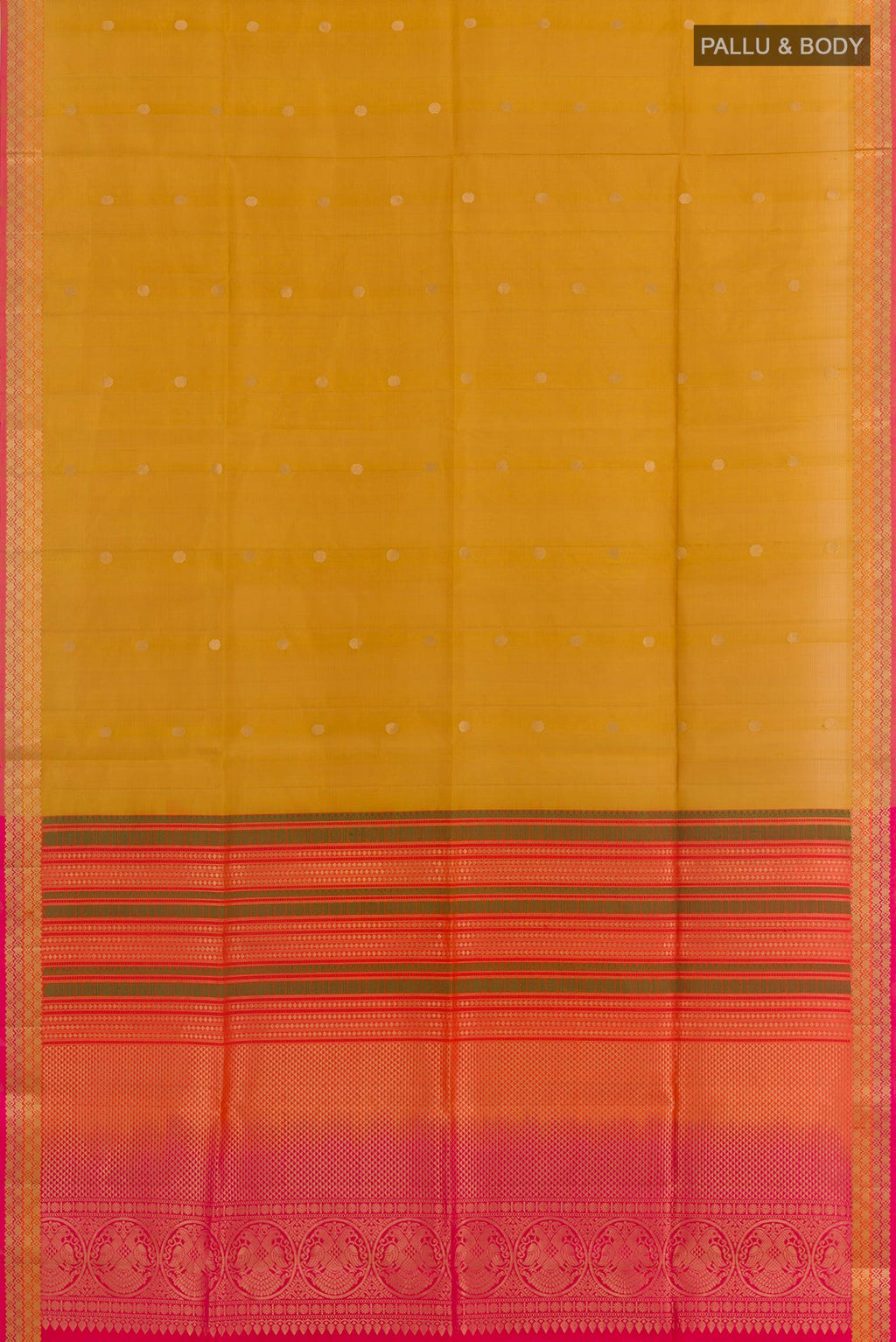 Flat view of Yellow Soft Silk Saree with Zari Butta on the body and Zari Border. 