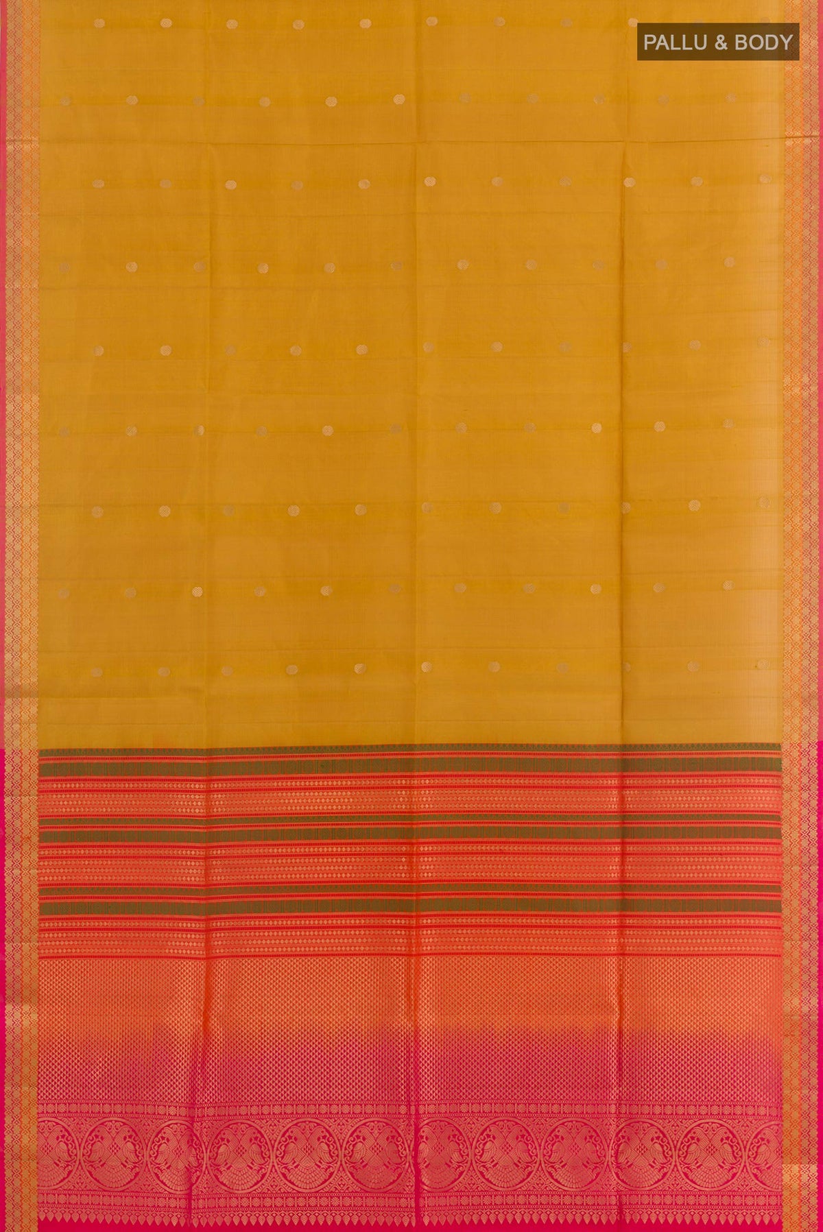 Flat view of Yellow Soft Silk Saree with Zari Butta on the body and Zari Border. 