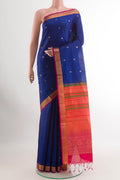 Blue Soft Silk Saree with Zari Butta on the body and Zari Border.  displayed on a mannequin