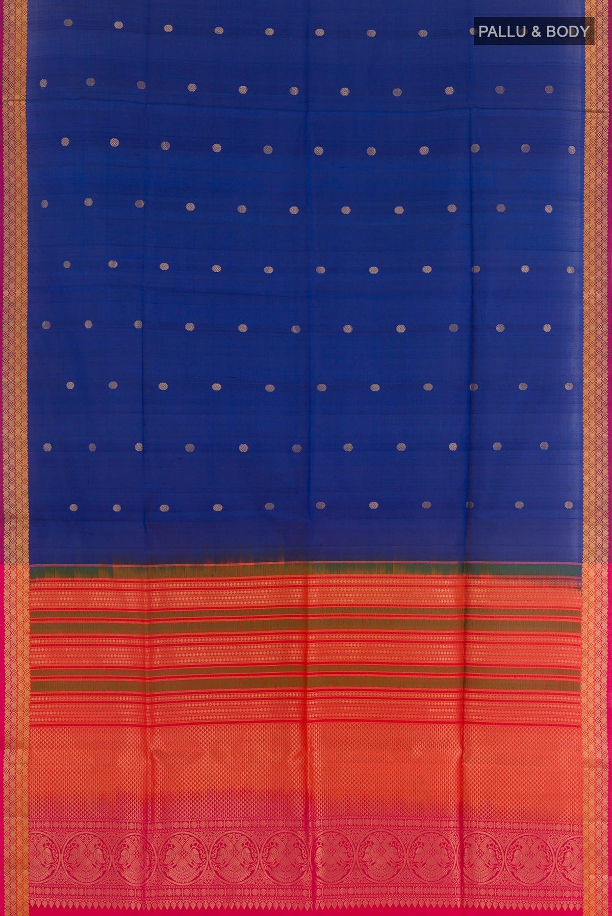 Flat view of Blue Soft Silk Saree with Zari Butta on the body and Zari Border. 