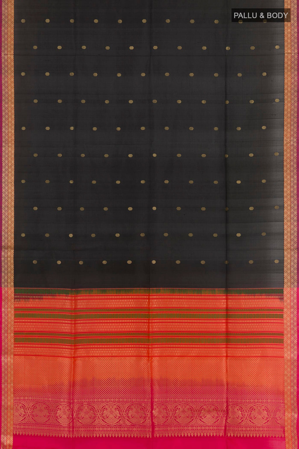 Flat view of Black Soft Silk Saree with Zari Butta on the body and Zari Border. 
