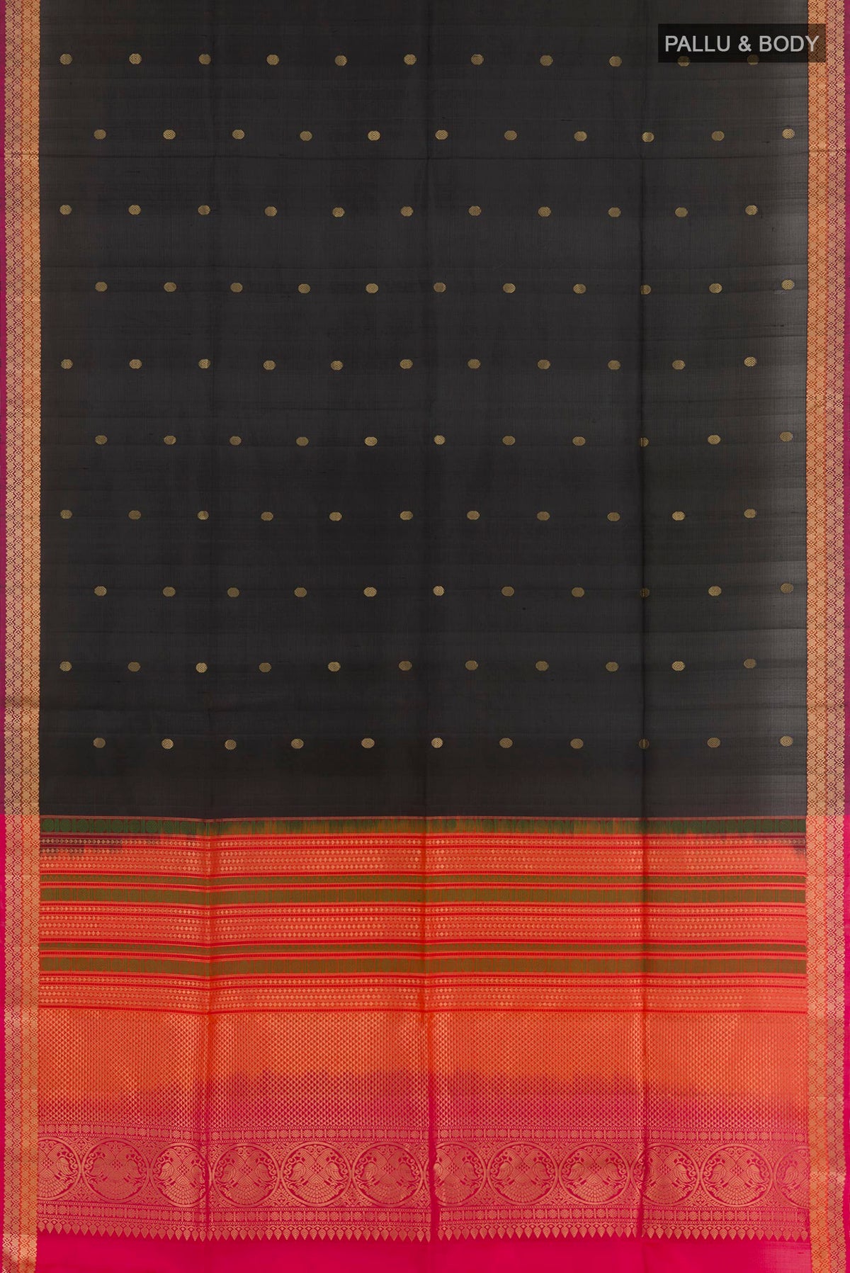 Flat view of Black Soft Silk Saree with Zari Butta on the body and Zari Border. 