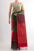 Multi Color Soft Silk Saree with Zari Butta on the body and Zari Border.  displayed on a mannequin