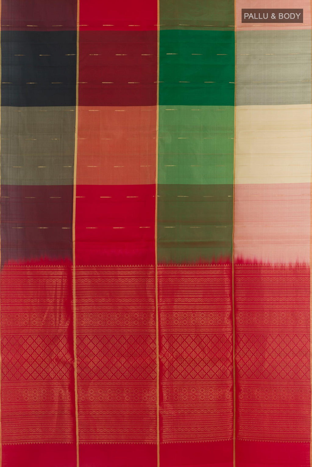 Flat view of Multi Color Soft Silk Saree with Zari Butta on the body and Zari Border. 