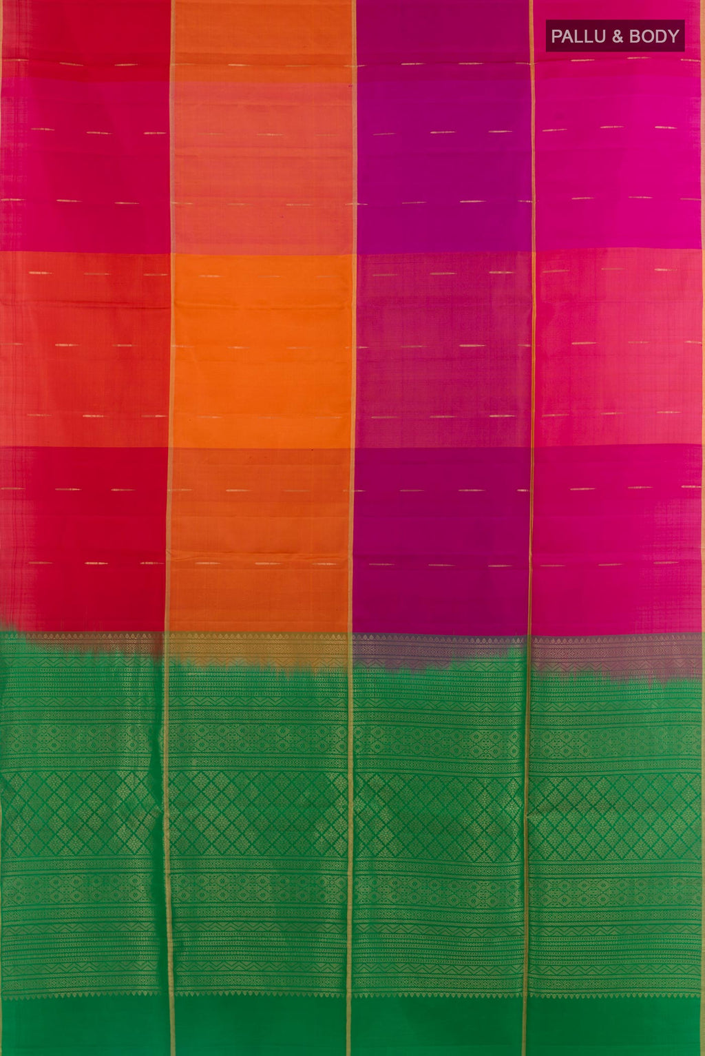 Flat view of Multi Color Soft Silk Saree with Zari Butta on the body and Zari Border. 