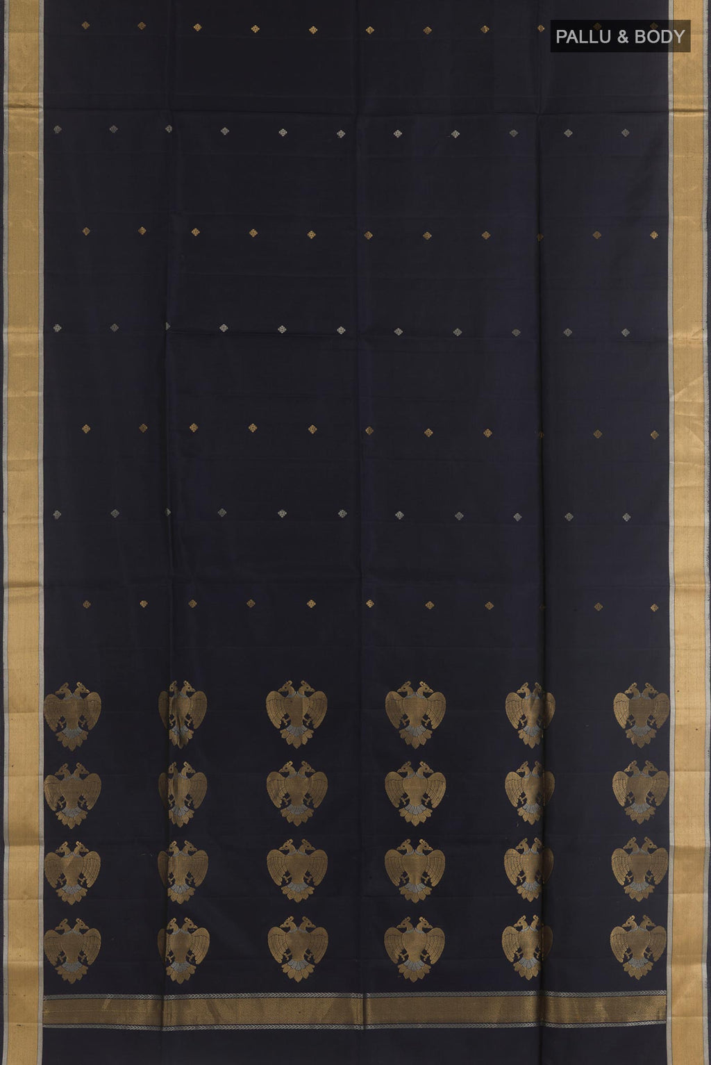 Flat view of Dark Blue Soft Silk Saree with Zari Butta on the body and Zari Border. 