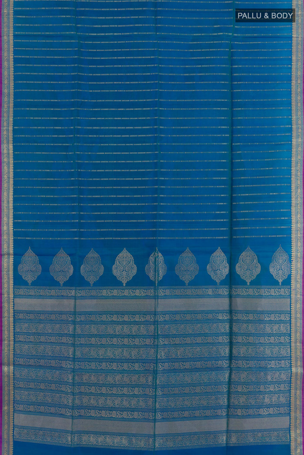 Flat view of Peacock Blue Soft Silk Saree with Zari Butta on the body and Zari Border. 