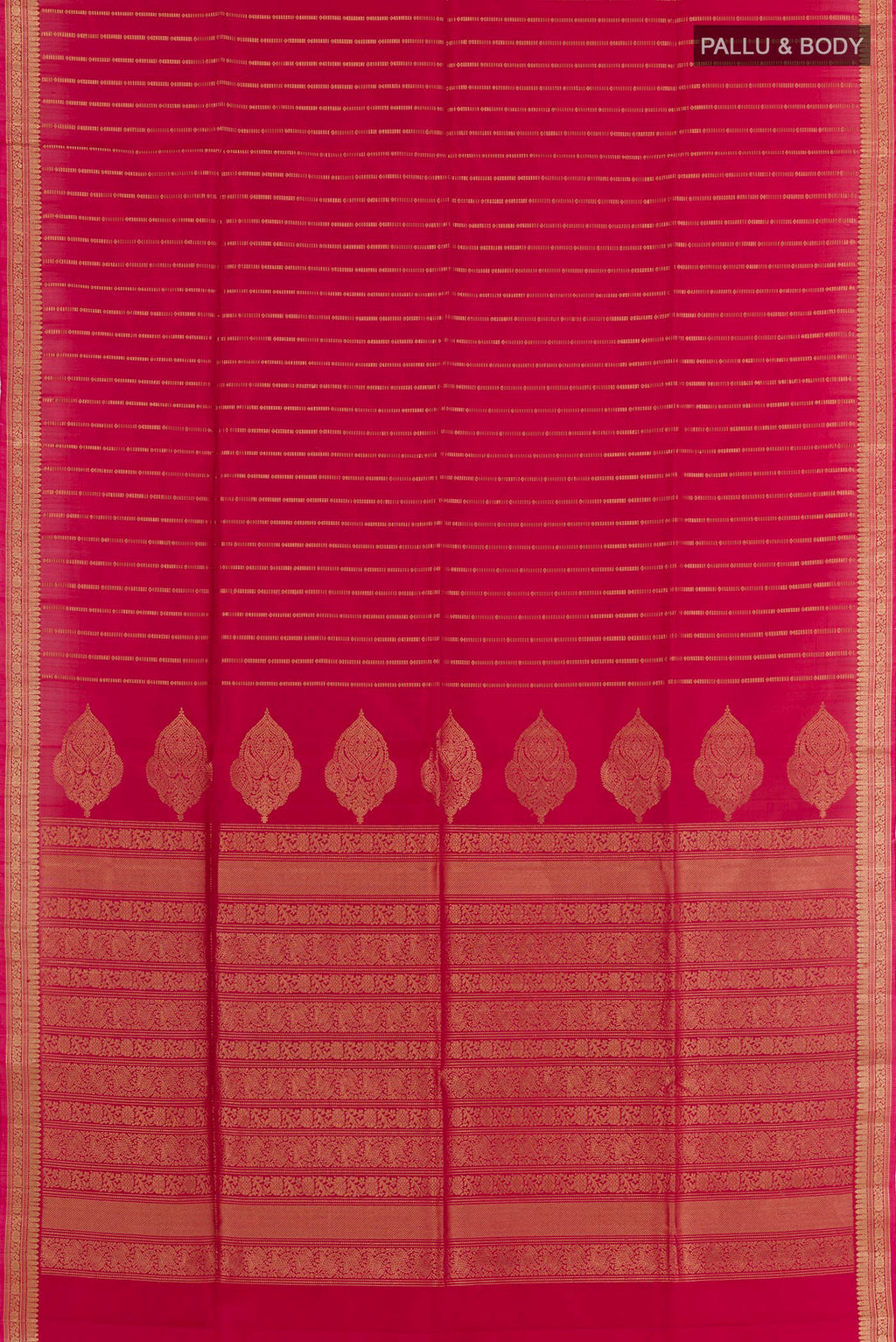 Flat view of Pink Soft Silk Saree with Zari Butta on the body and Zari Border. 
