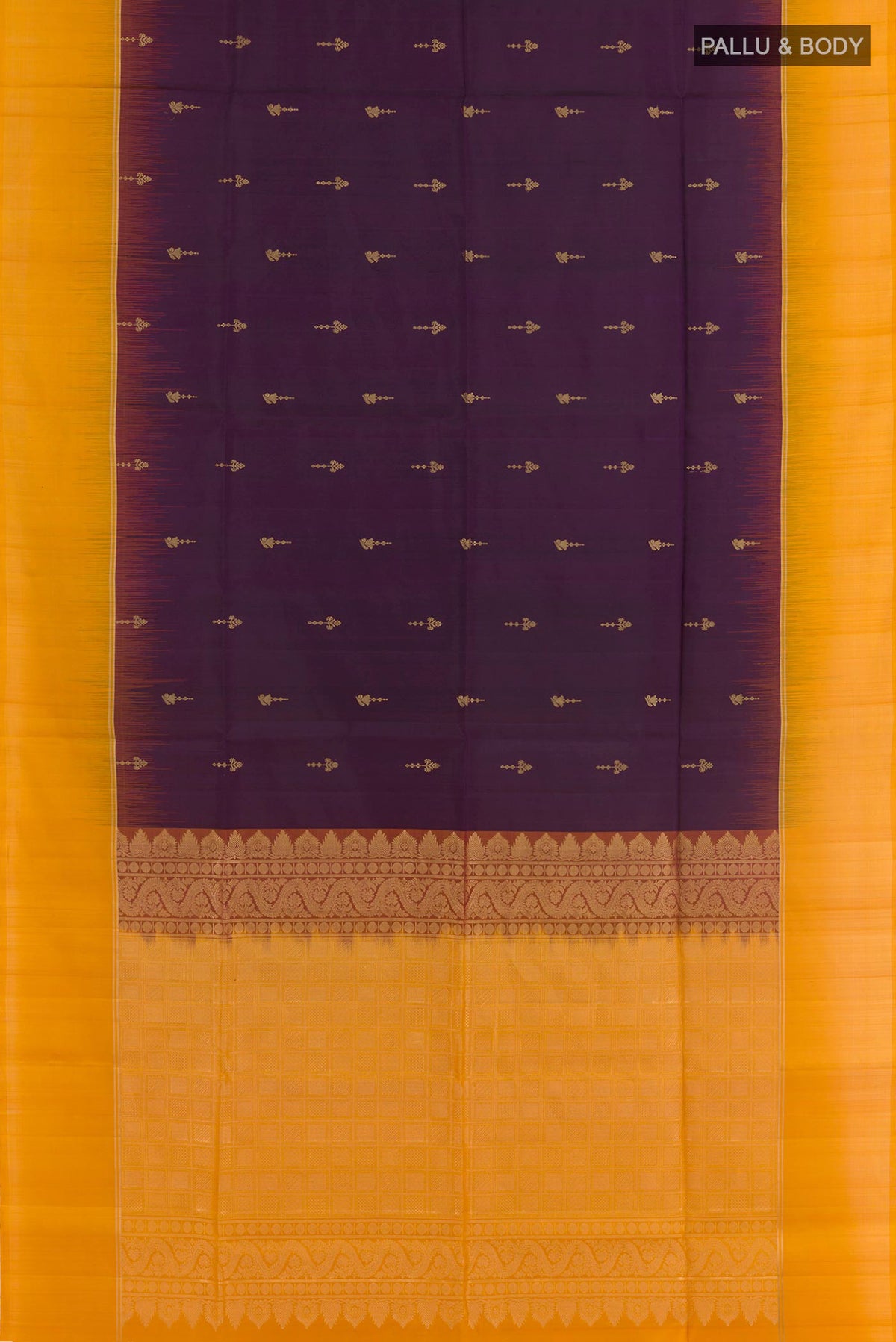 Flat view of Purple Soft Silk Saree with Zari Butta on the body and Zari Border. 