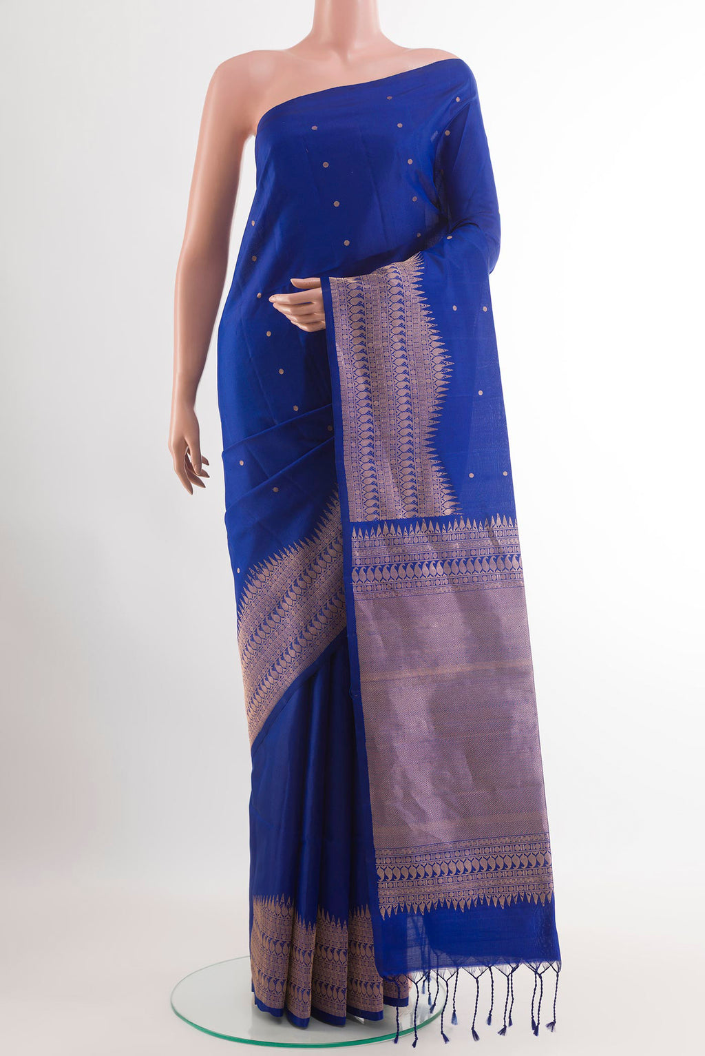 Blue Soft Silk Saree with Zari Butta on the body and Zari Border.  displayed on a mannequin