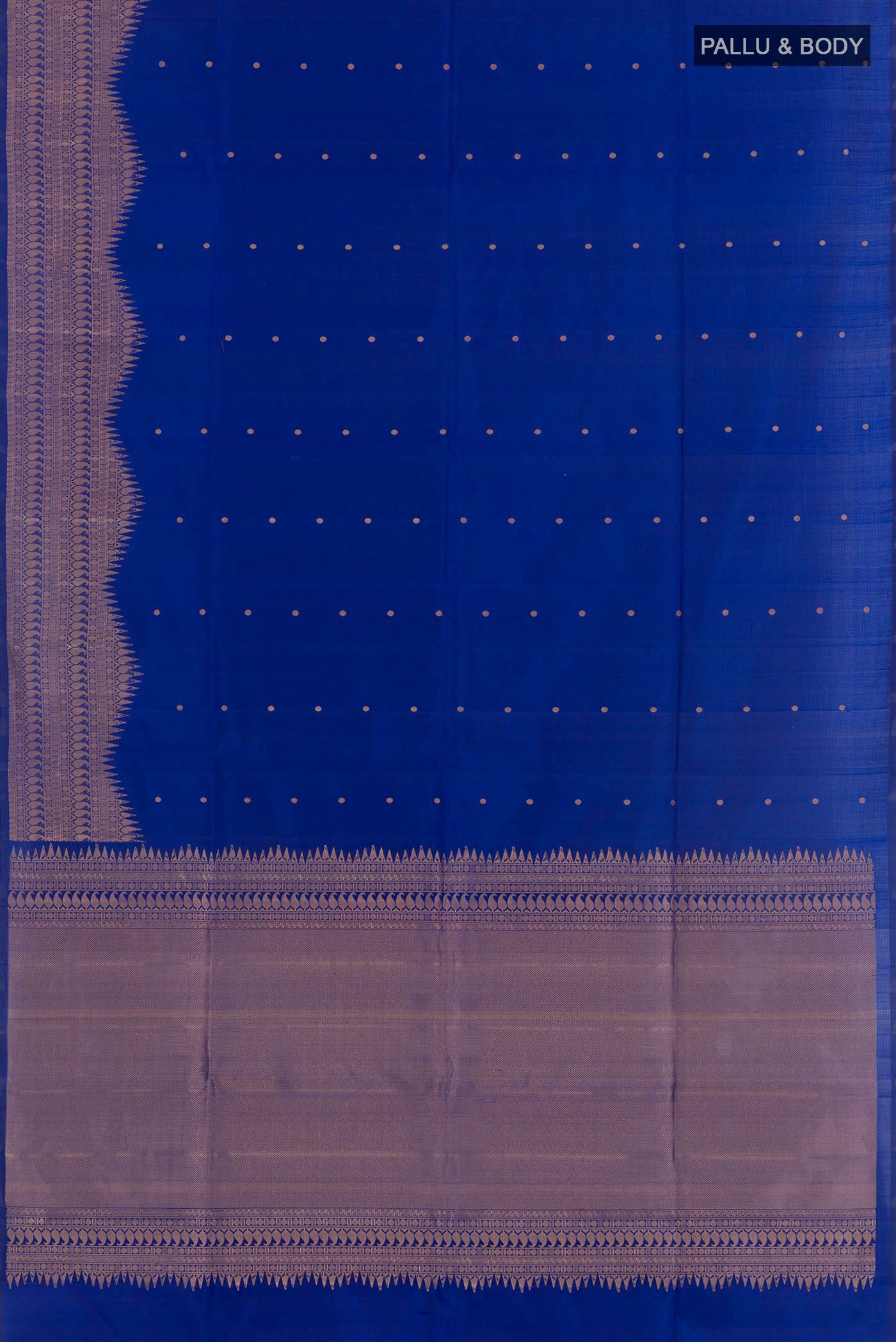 Flat view of Blue Soft Silk Saree with Zari Butta on the body and Zari Border. 