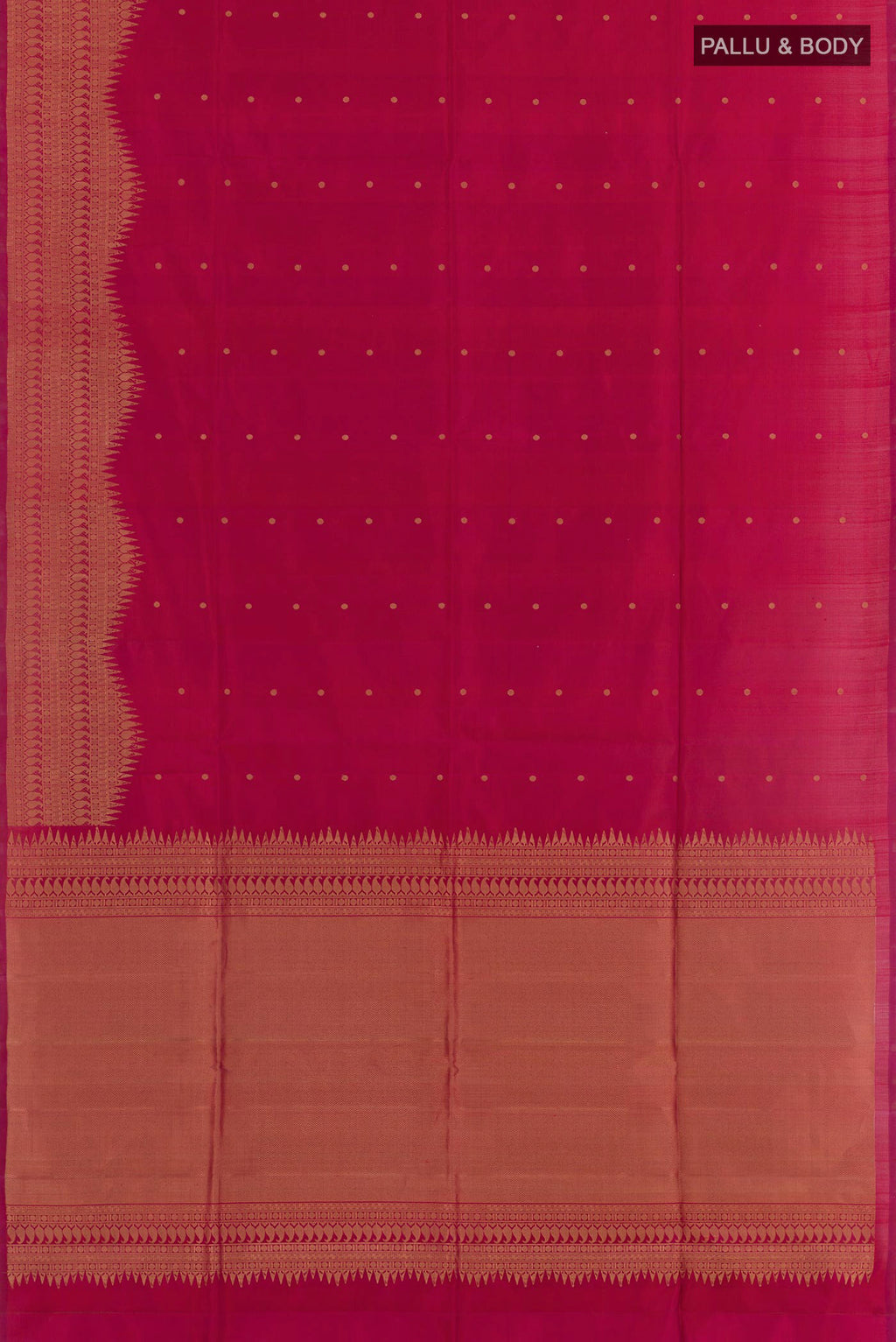 Flat view of Magenta Soft Silk Saree with Zari Butta on the body and Zari Border. 