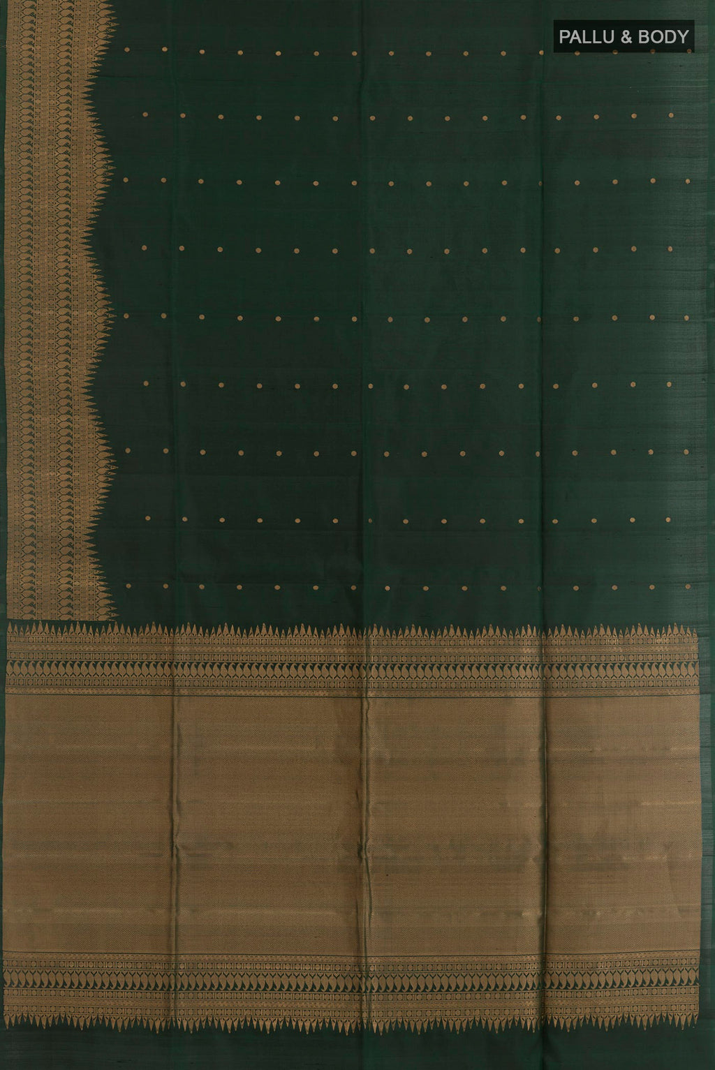 Flat view of Black Soft Silk Saree with Zari Butta on the body and Zari Border. 